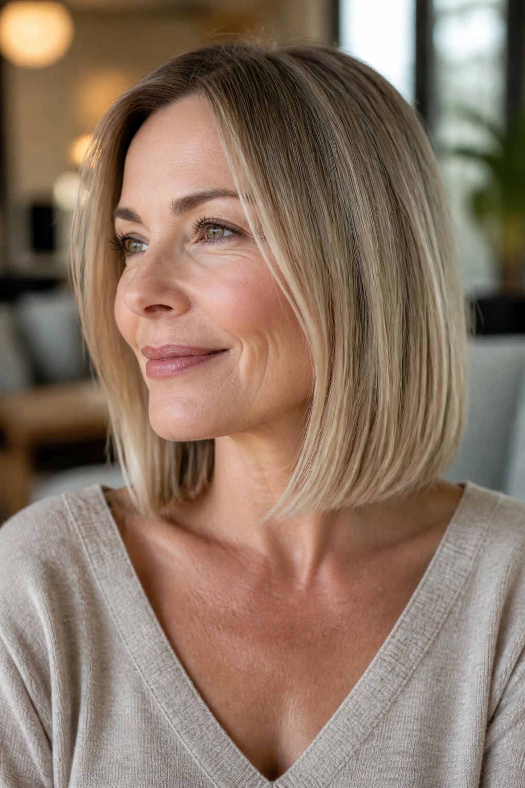 Real woman with a blunt collarbone-length lob haircut, ends at the collarbone