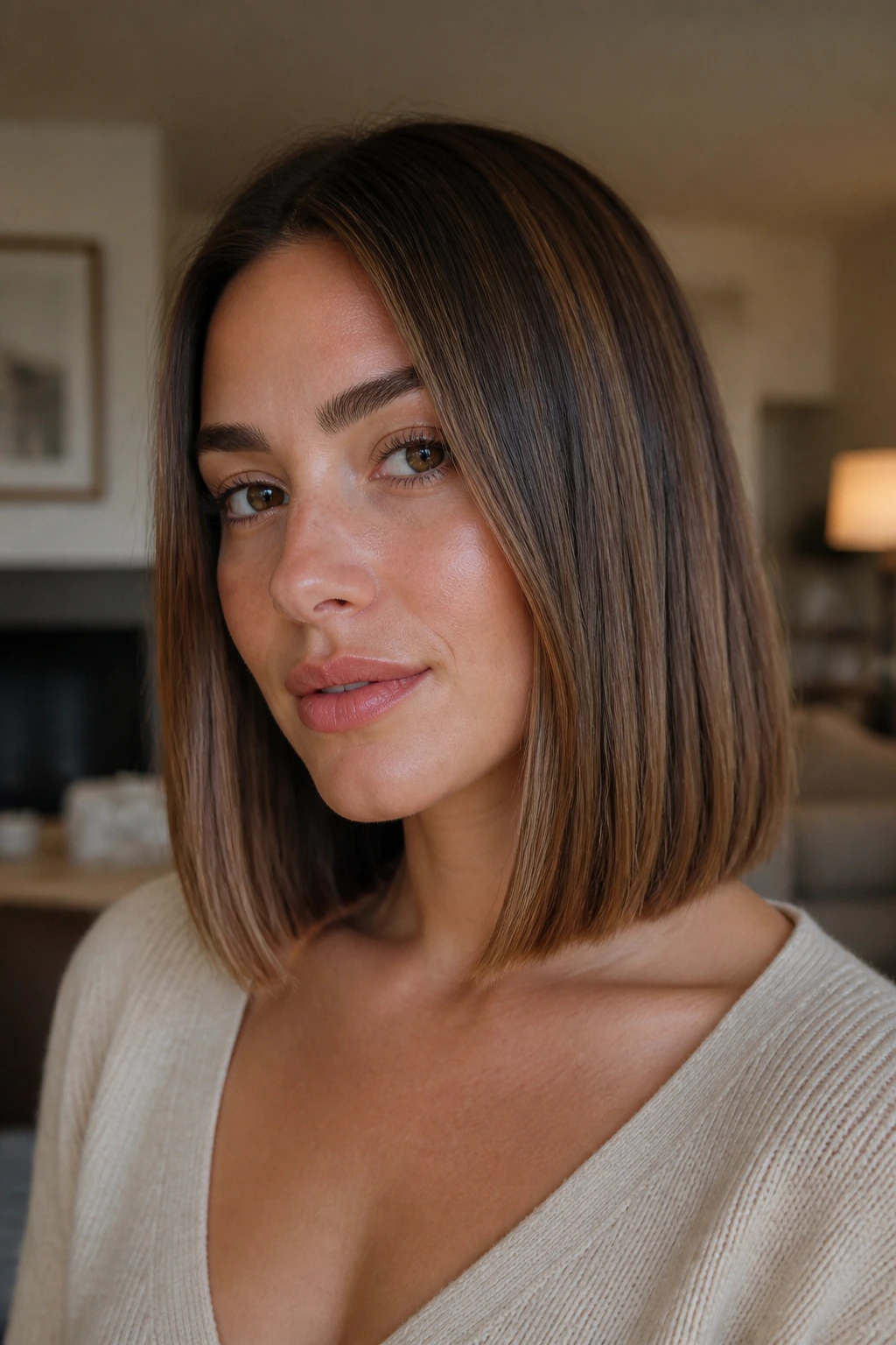 Real person with blunt collarbone lob in softly lit living room