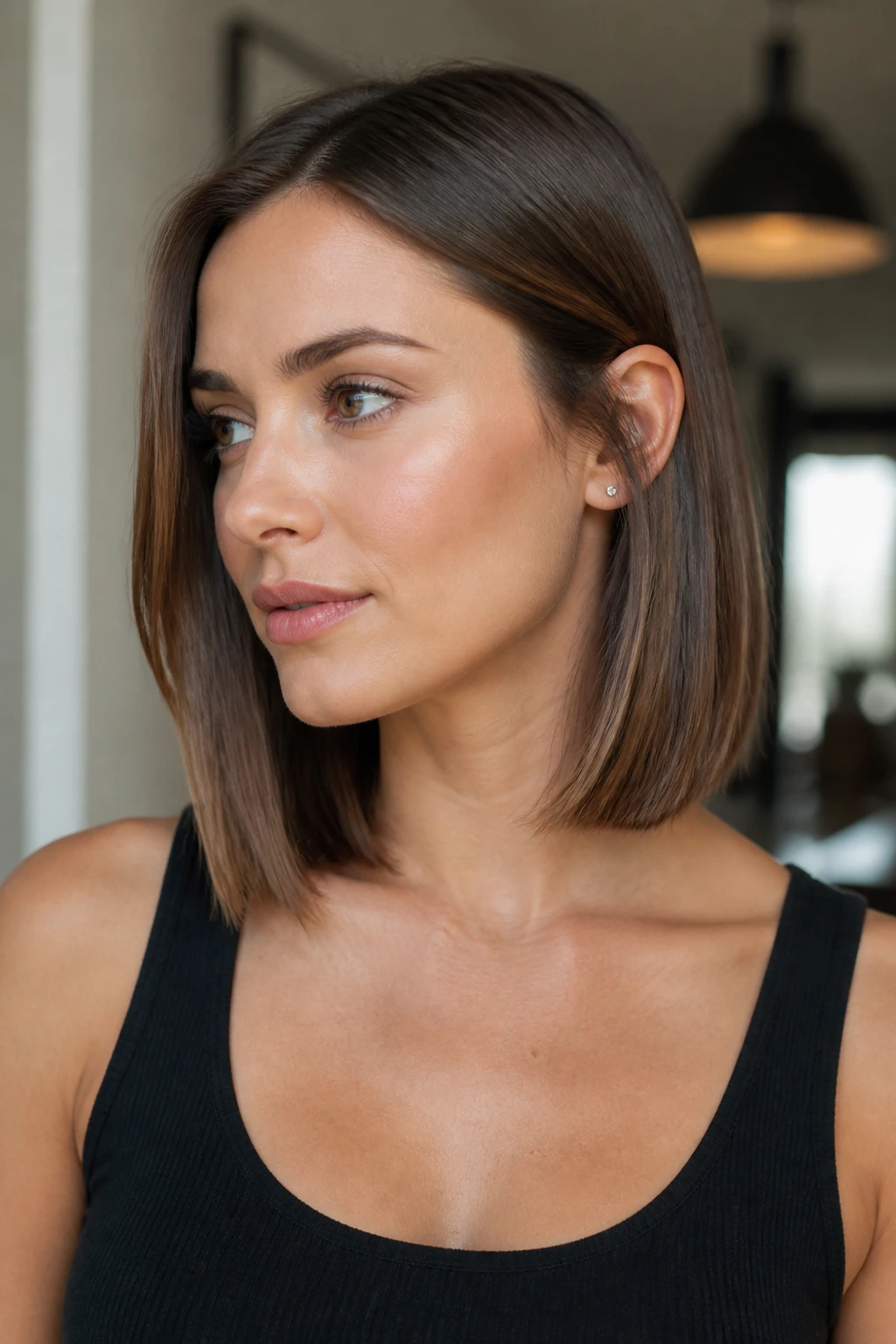 Close-up of a real person with a blunt collarbone-length lob