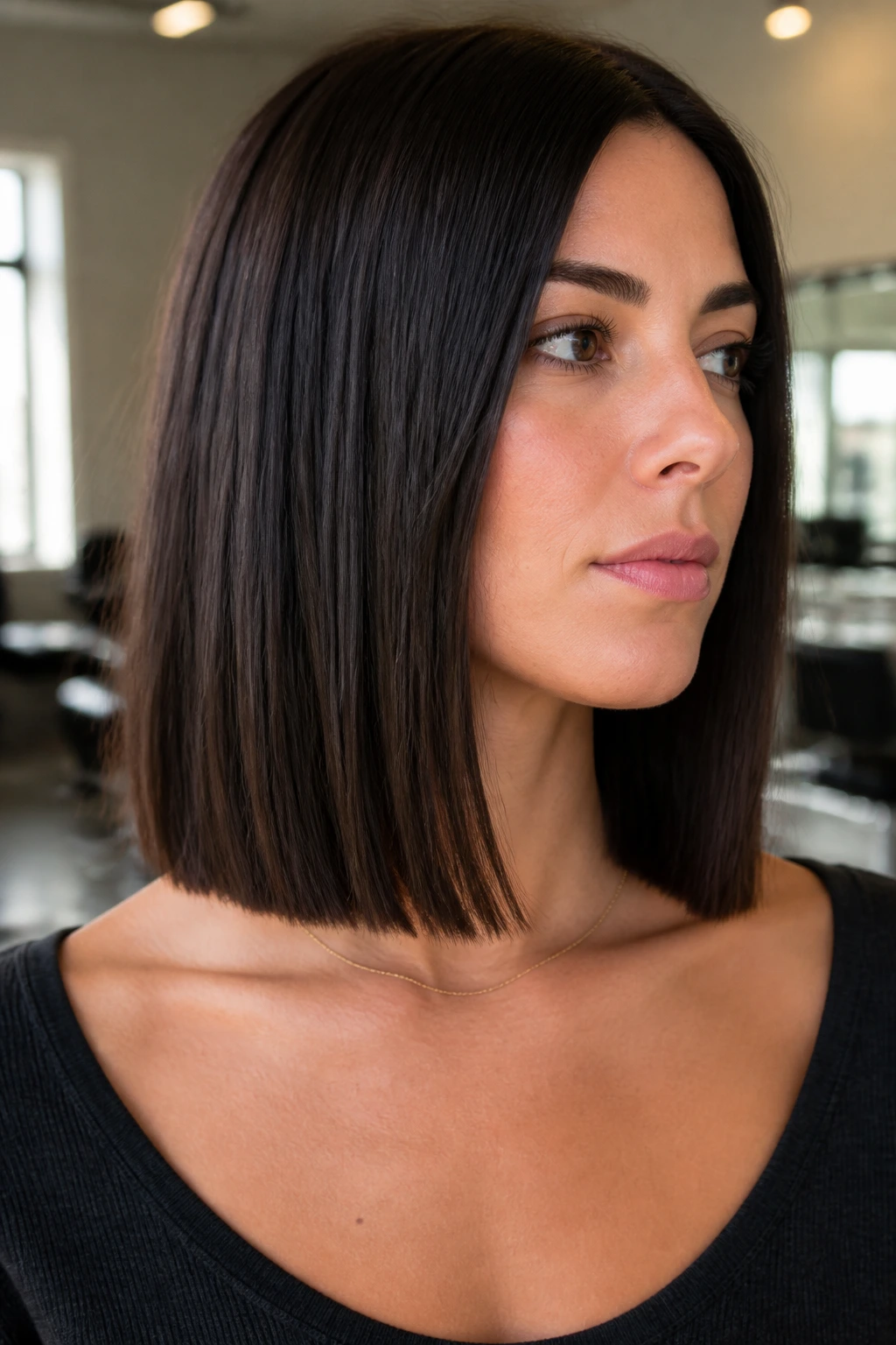 Close-up of a real woman with a blunt collarbone lob.