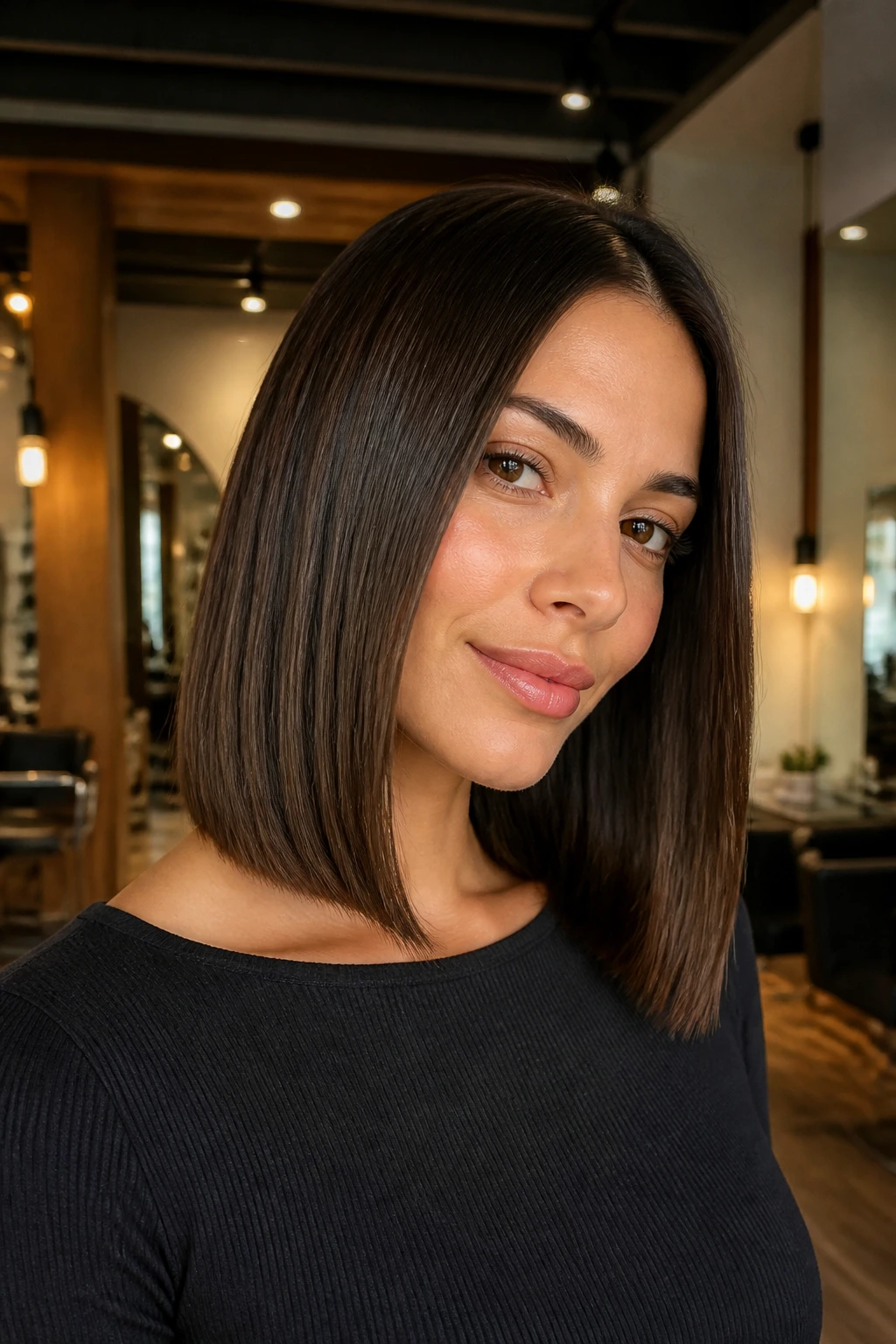 Close-up portrait of a real woman with straight hair and a blunt collarbone-length cut.