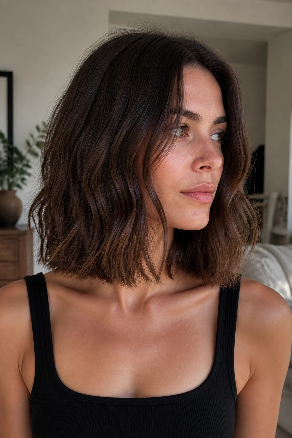 Close-up of a real person with blunt collarbone lob and crisp edge.