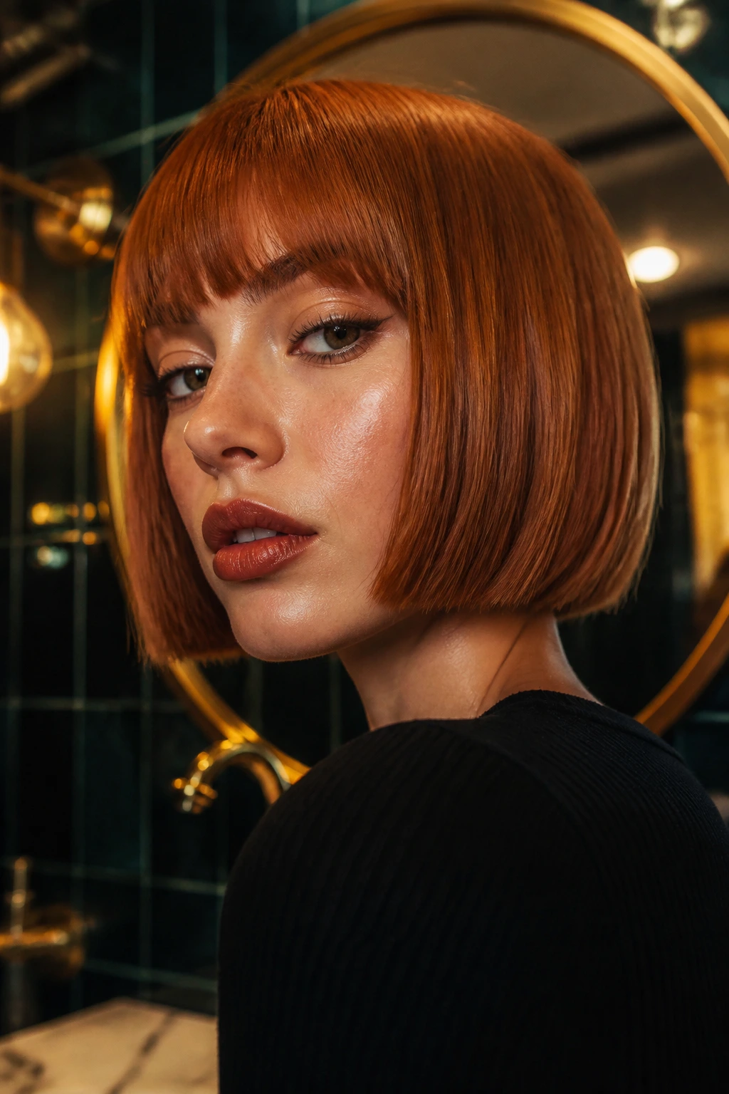 Close-up portrait of a real person with a blunt penny copper bob in warm interior light