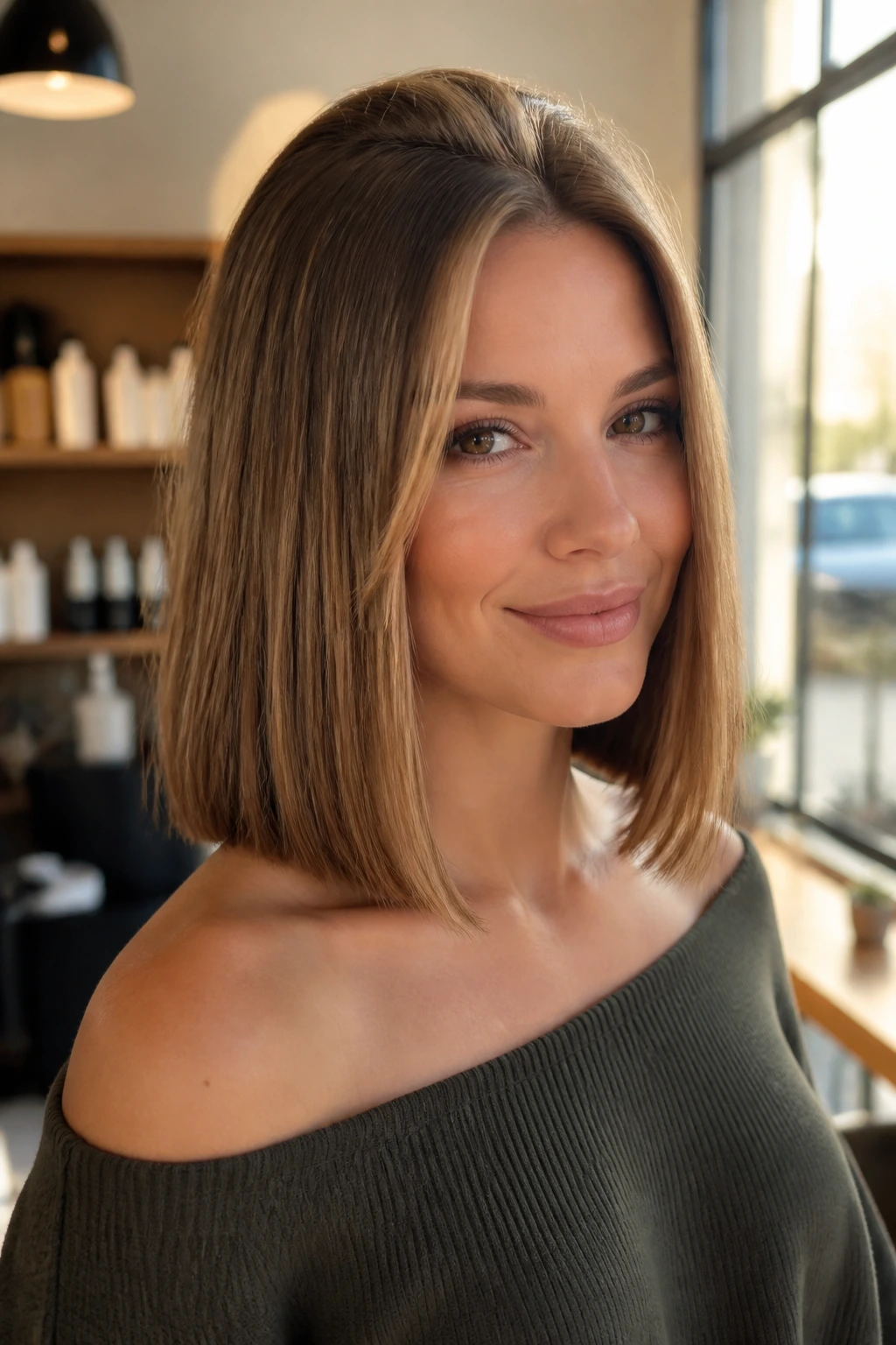 Close-up of a real woman with a blunt shoulder-length cut and crown lift in a sunlit salon.