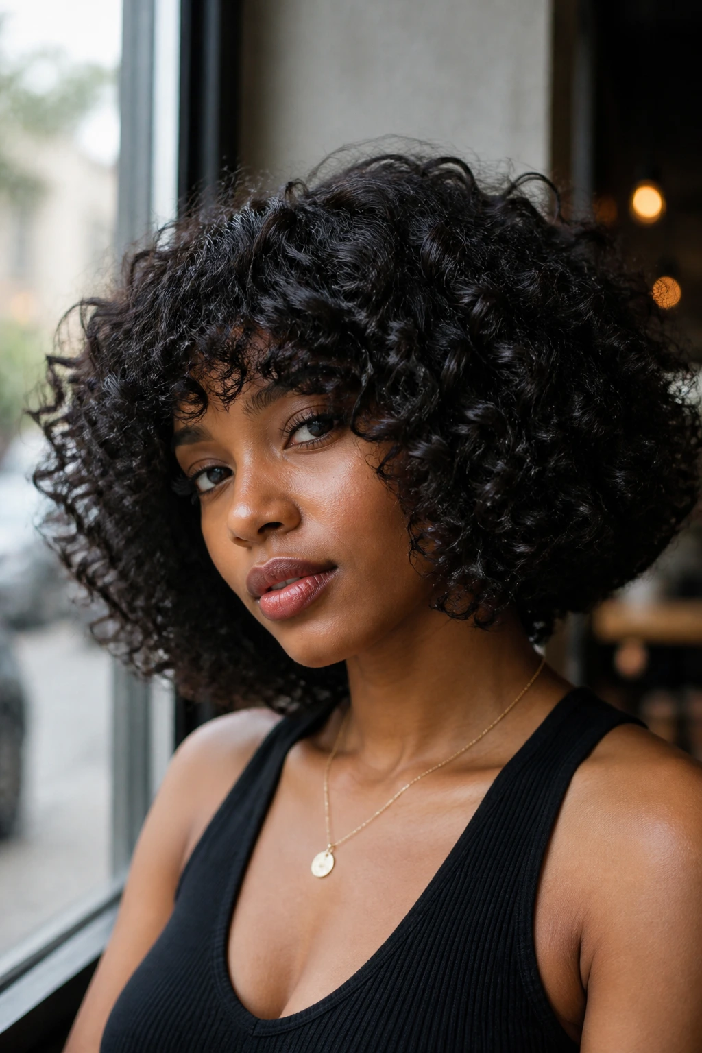 Close-up of a real person with a blunt curly bob at jaw length