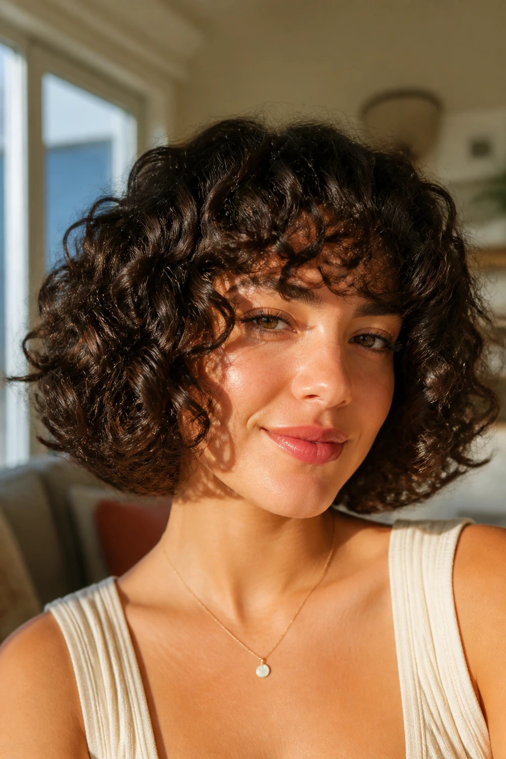 Close-up portrait of a real woman with a blunt curly bob in warm living room light