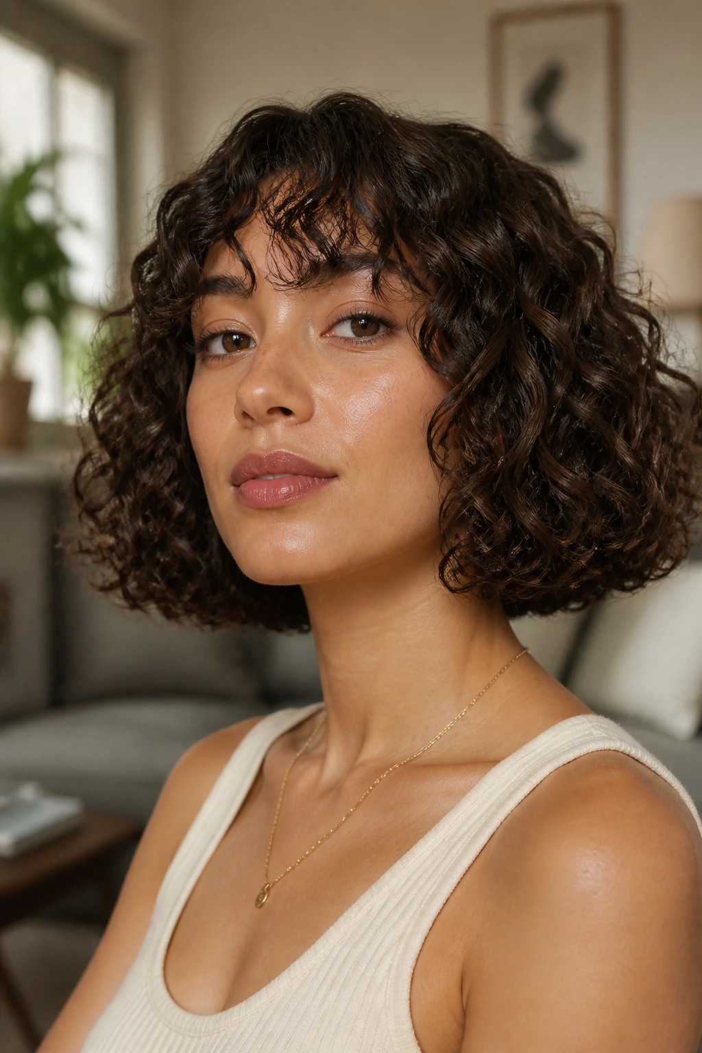 Portrait of a person with blunt curly bob and crisp edge