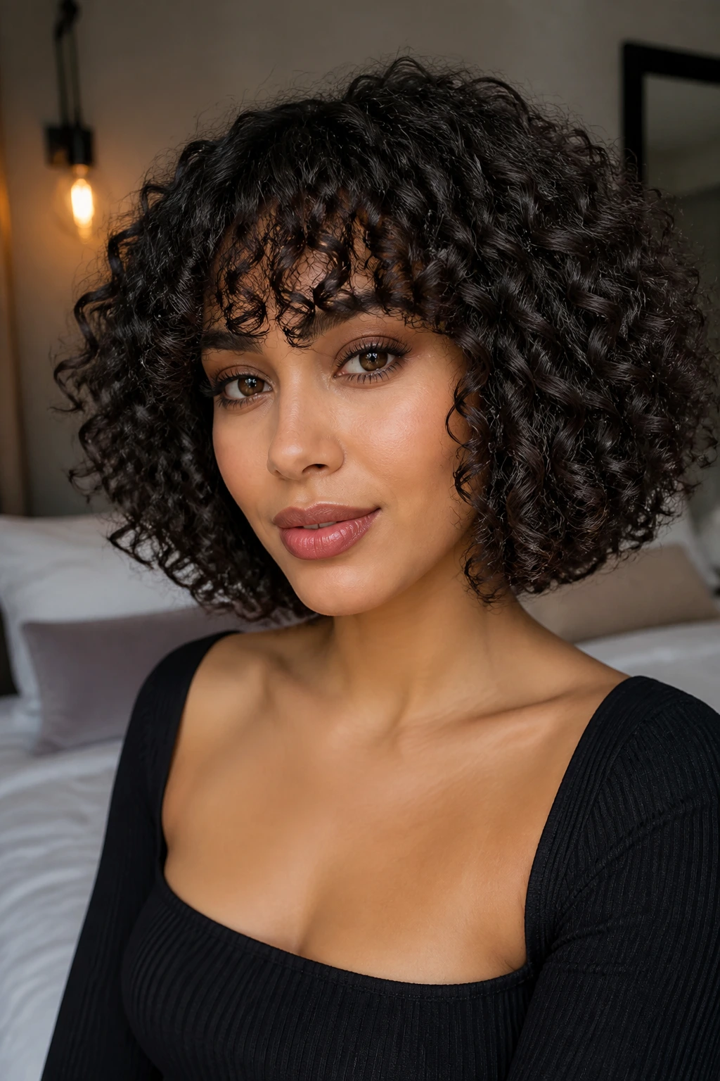 Close-up portrait of a real woman with blunt curly bob and soft edge in a cozy bedroom