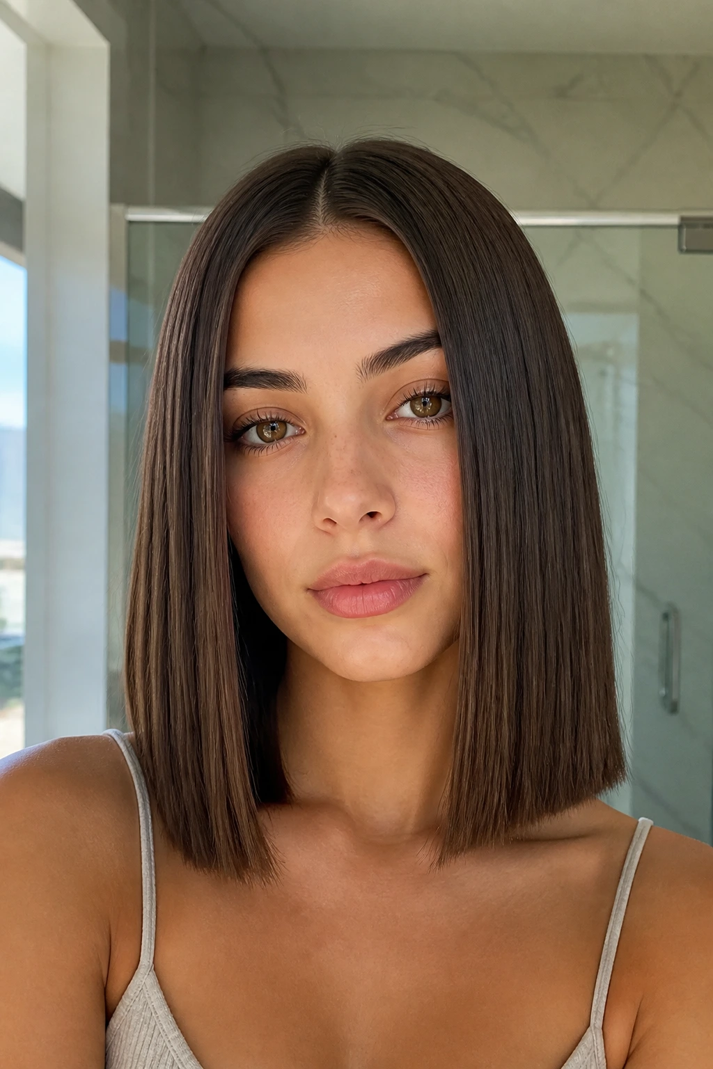 Close-up of a real person with a sleek blunt mid-length cut in natural daylight