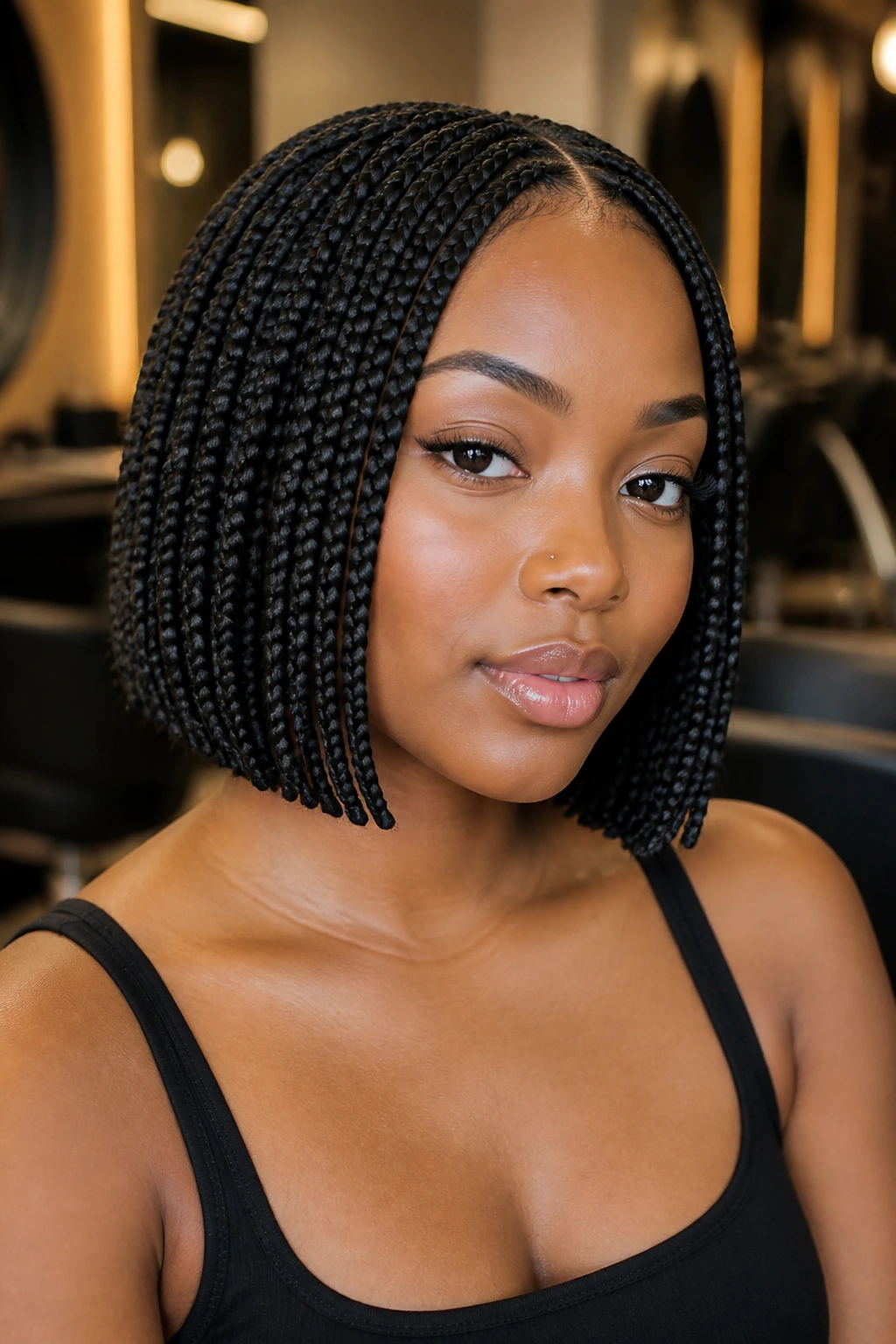 Real person with blunt-cut bob box braids and a straight hem around the jaw.