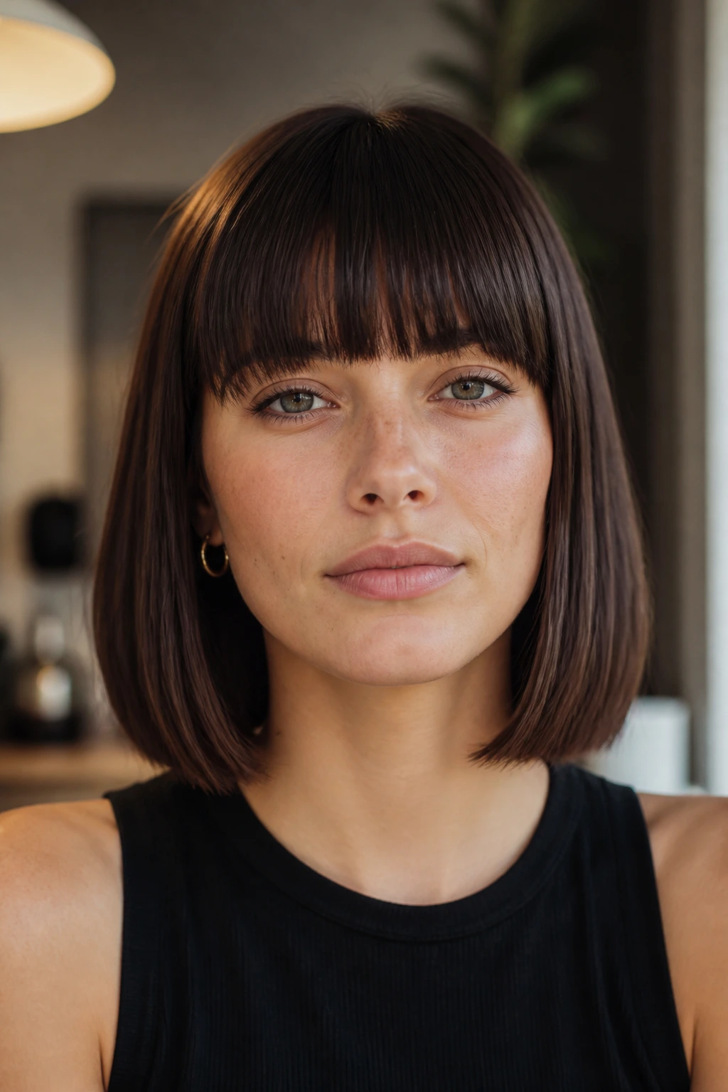 Close-up portrait of a real person with brow-skimming blunt bangs