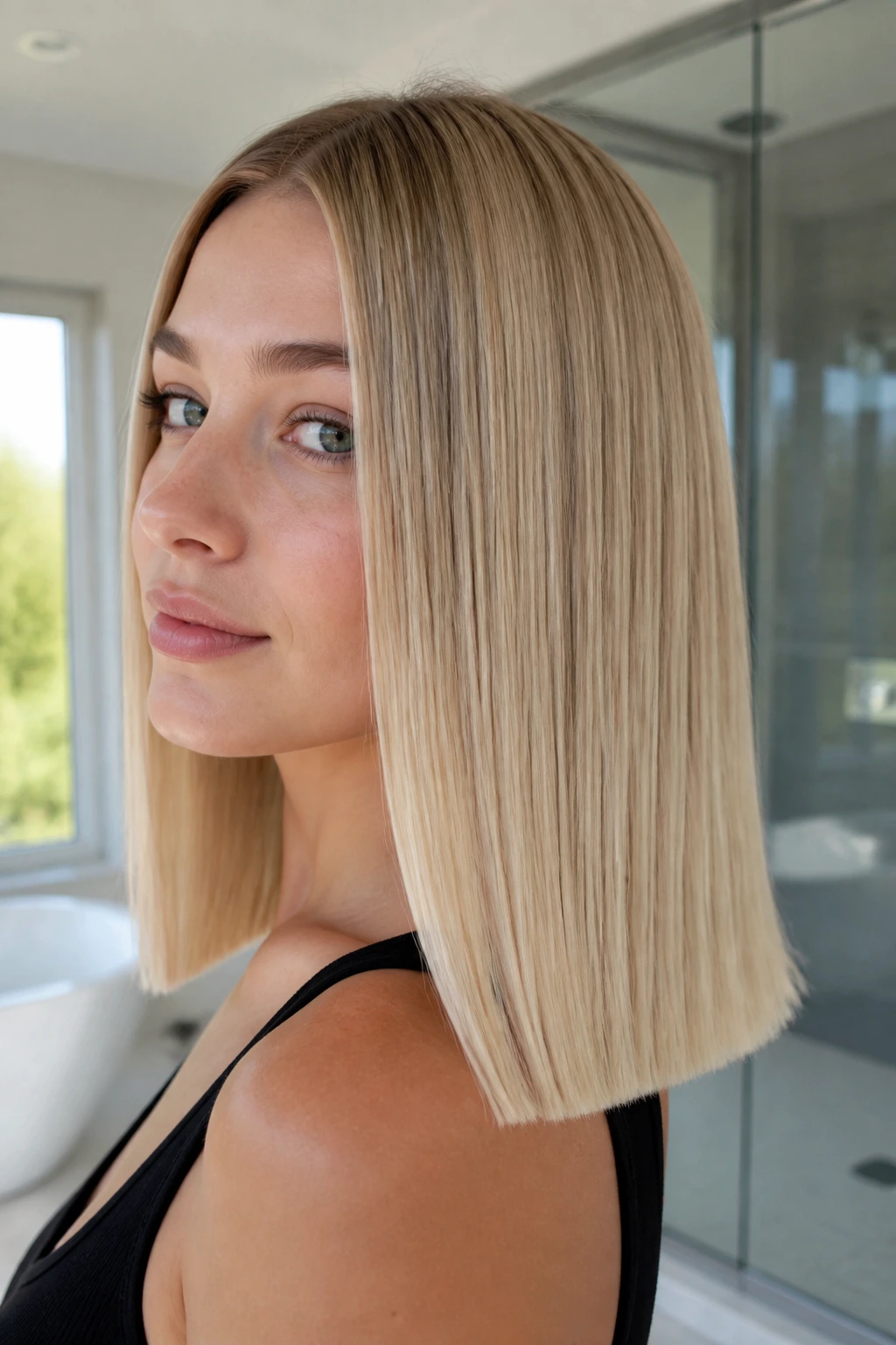 Close-up portrait of a real person with blunt-cut fine hair