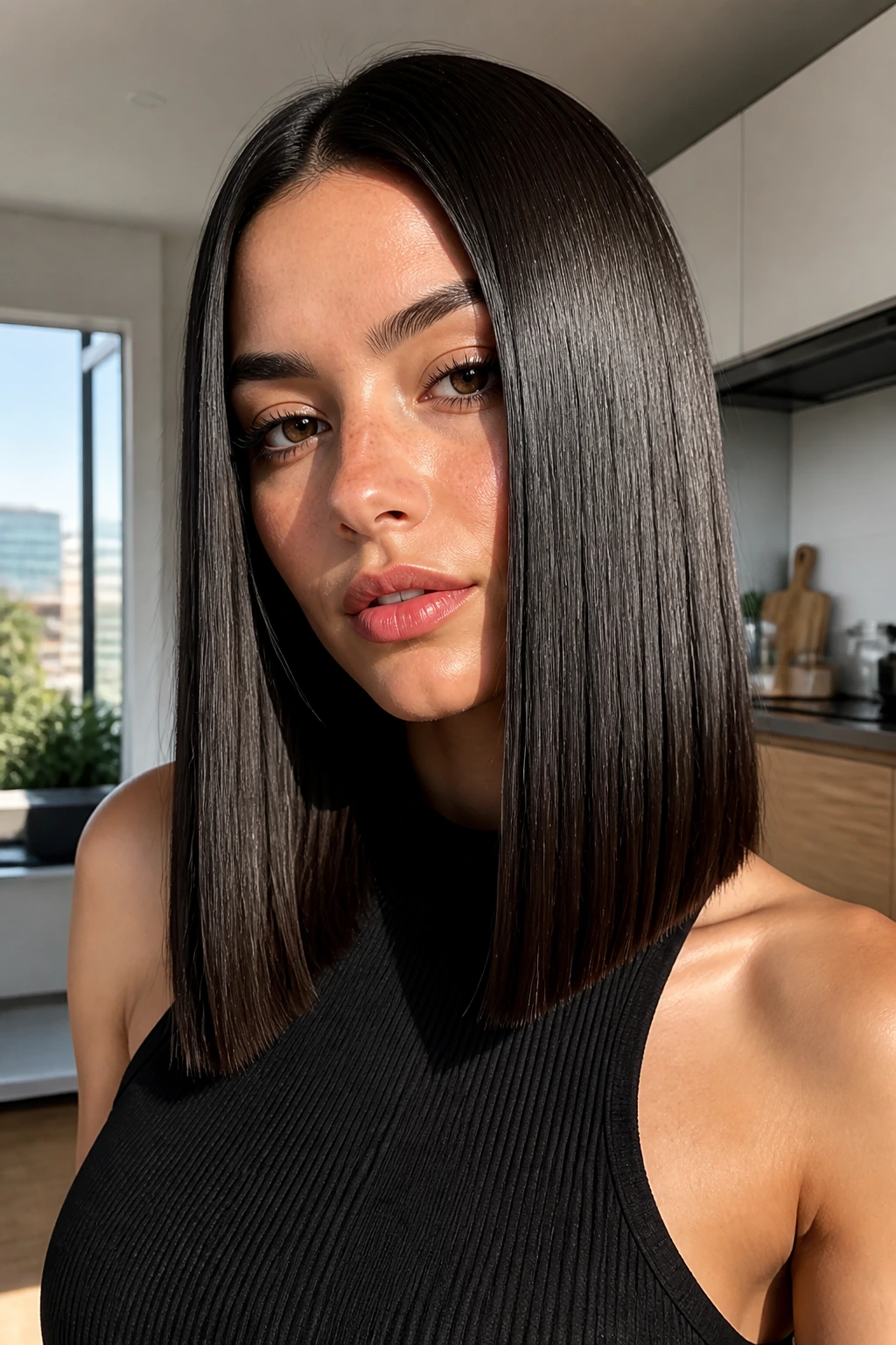 Real person with glass-hair blunt cut showing glossy ends