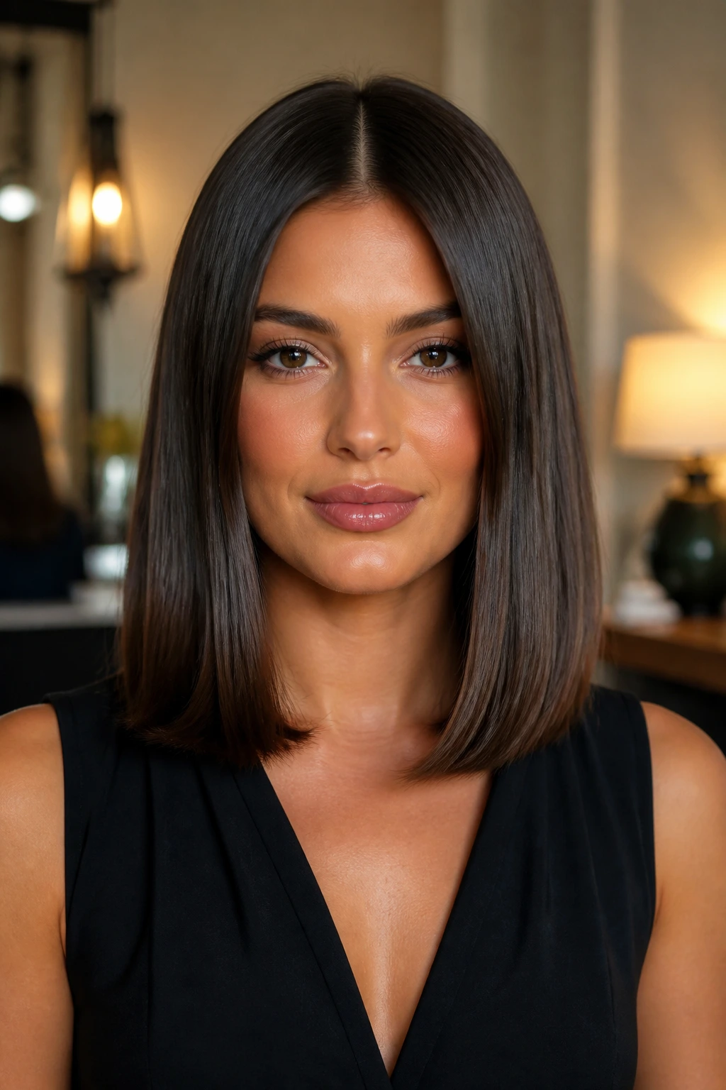 Close-up of a real person showing a blunt-cut gloss blowout with shiny hair