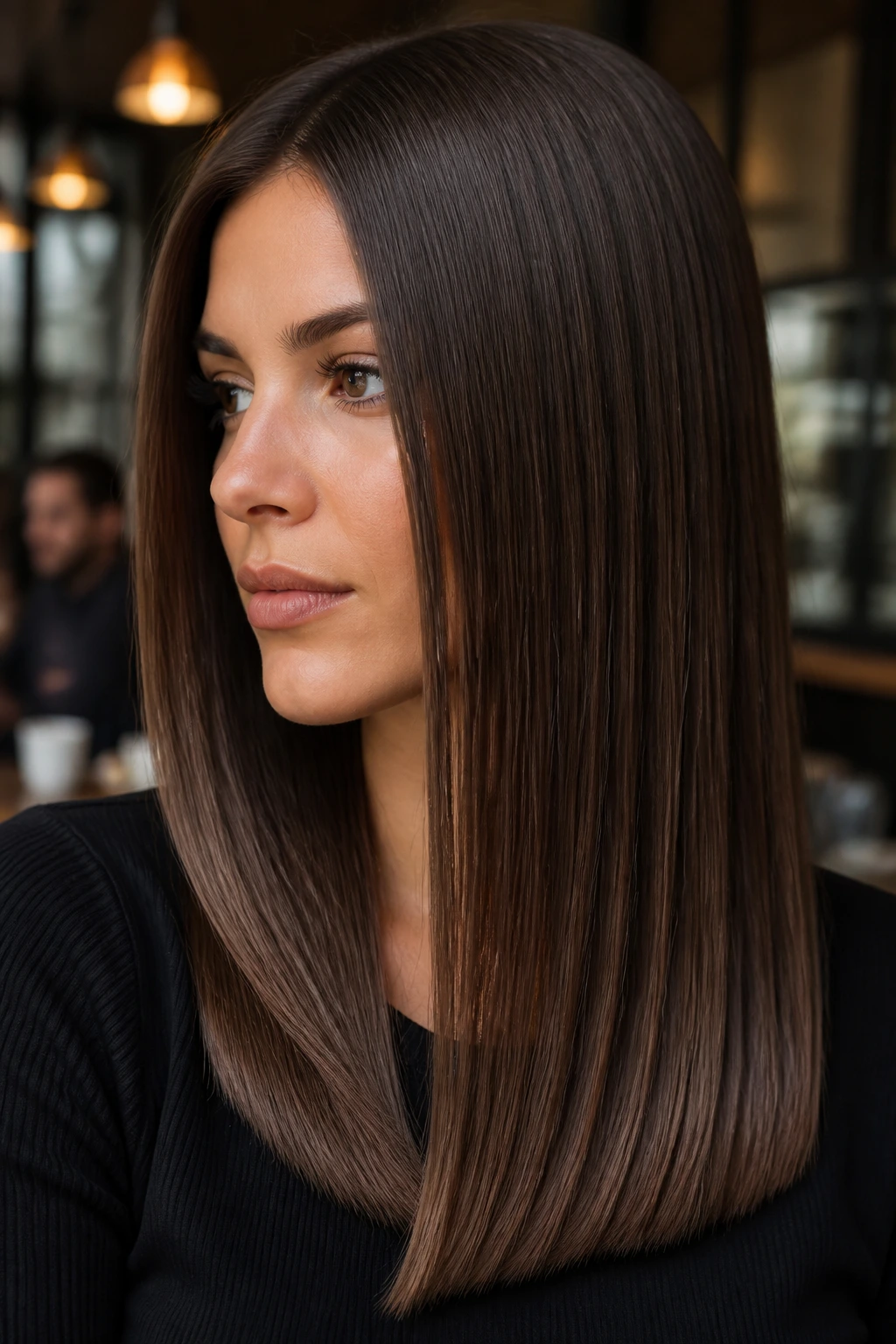 Brunette with blunt-cut straight hair and glossy finish in cafe