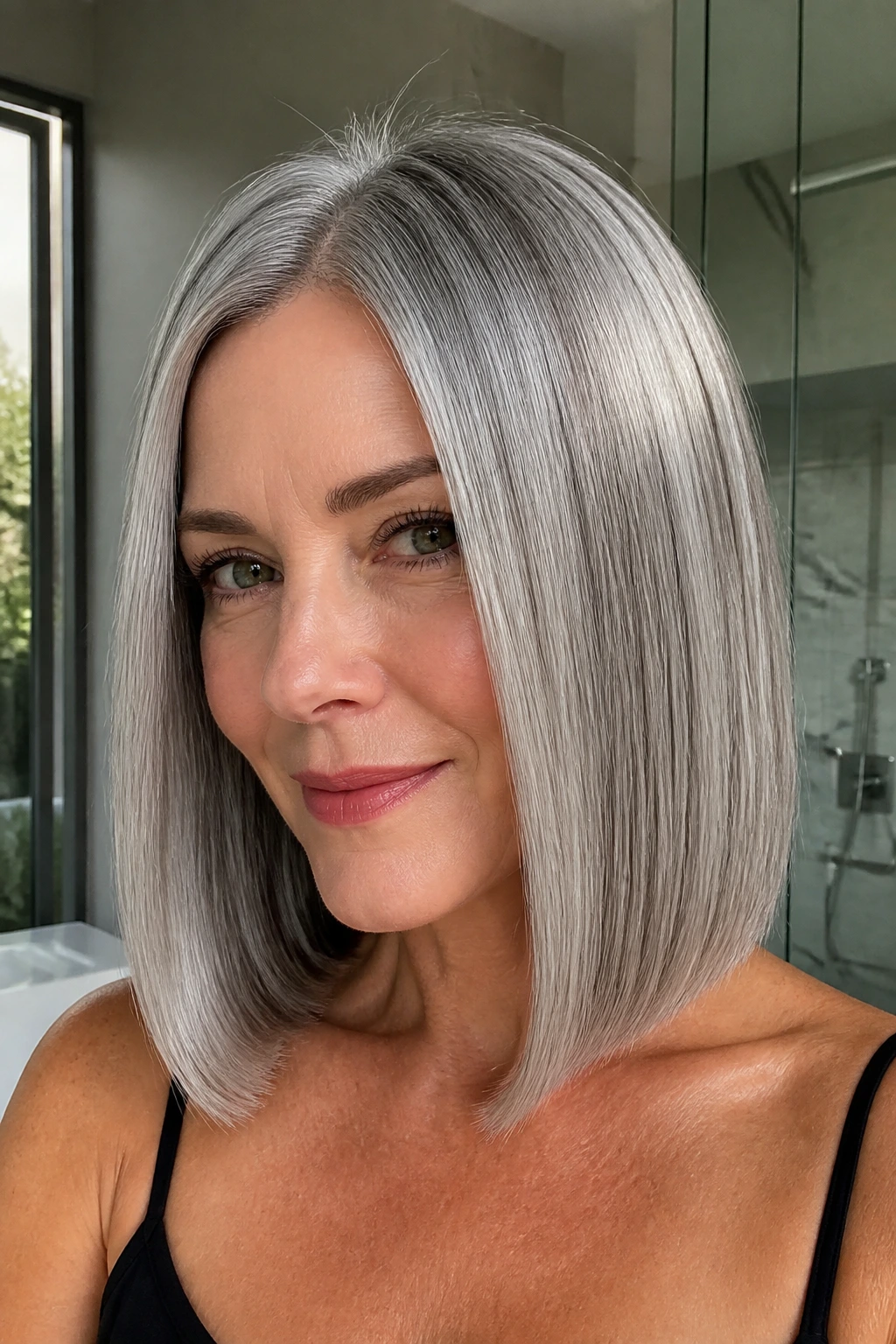 Close-up of a woman with a blunt collarbone-length gray cut and glossy finish in natural light.