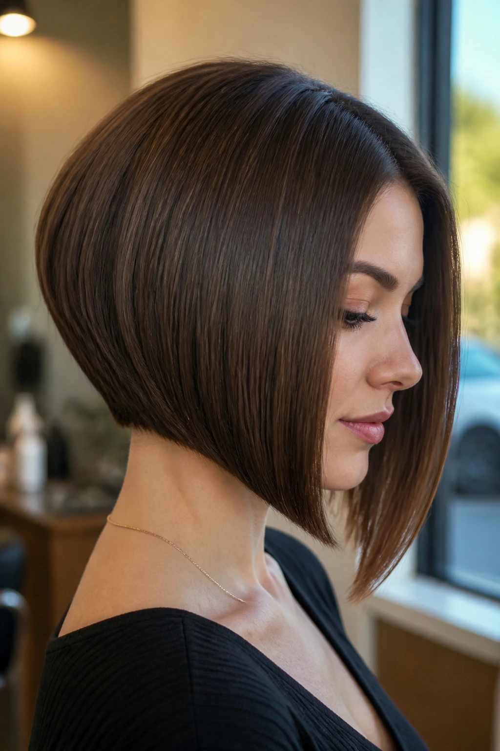 Close-up portrait of a real woman with a blunt inverted bob showing crisp ends and stacked nape in warm window light