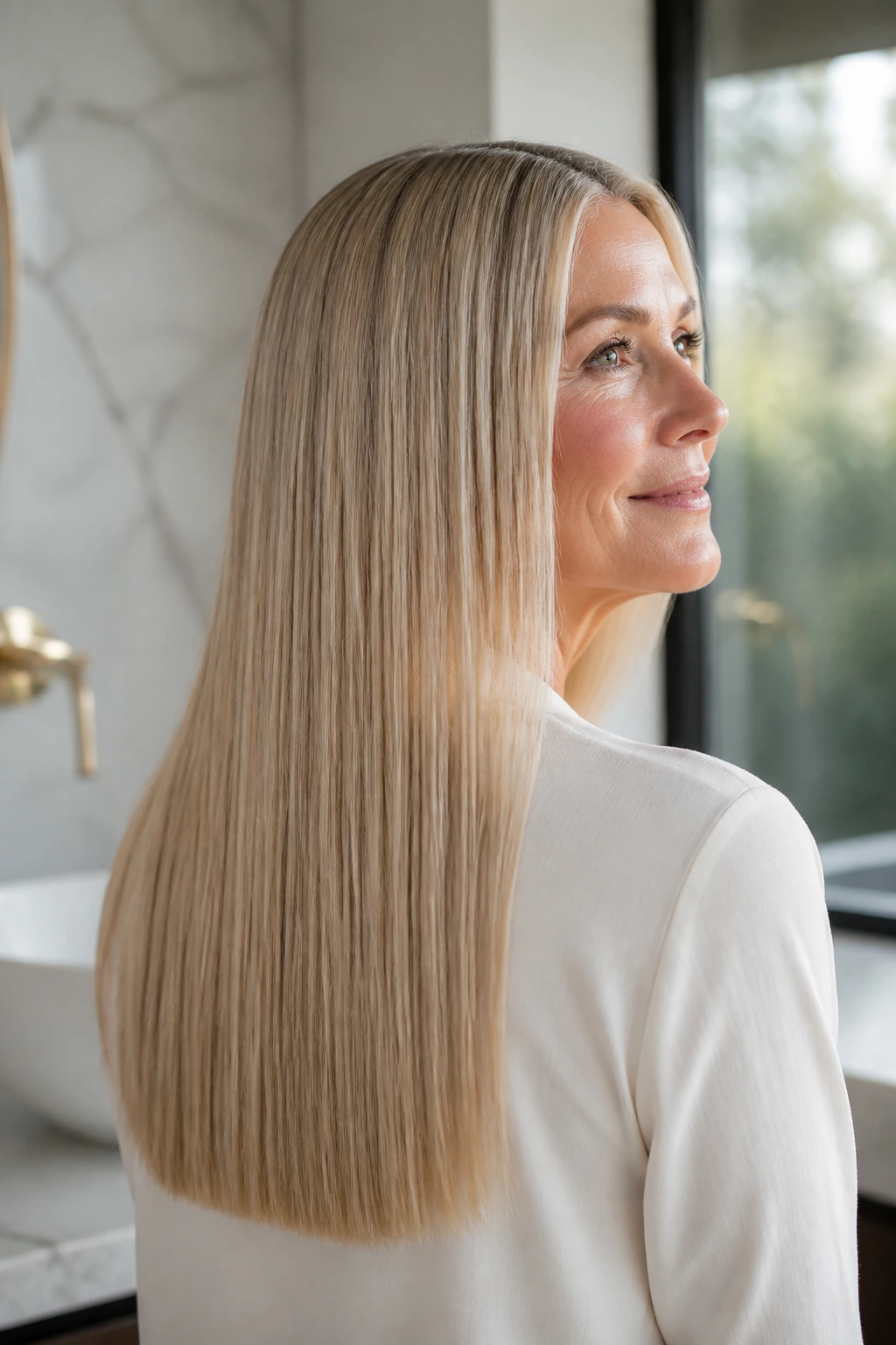 Close-up portrait of a real woman with a blunt mid-back hairline