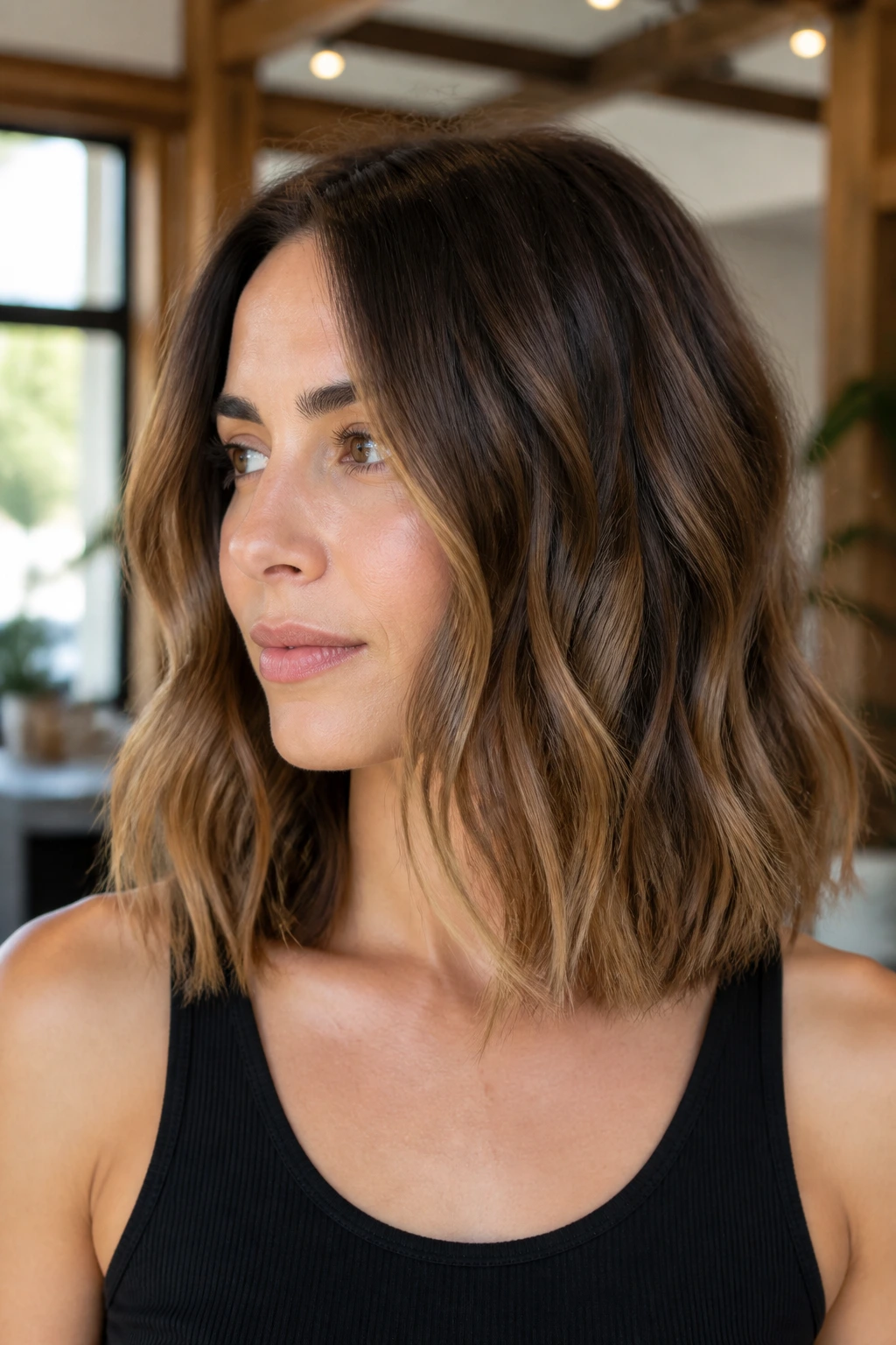Close-up of a real woman with blunt shoulder-length cut and loose texture in a sunlit salon