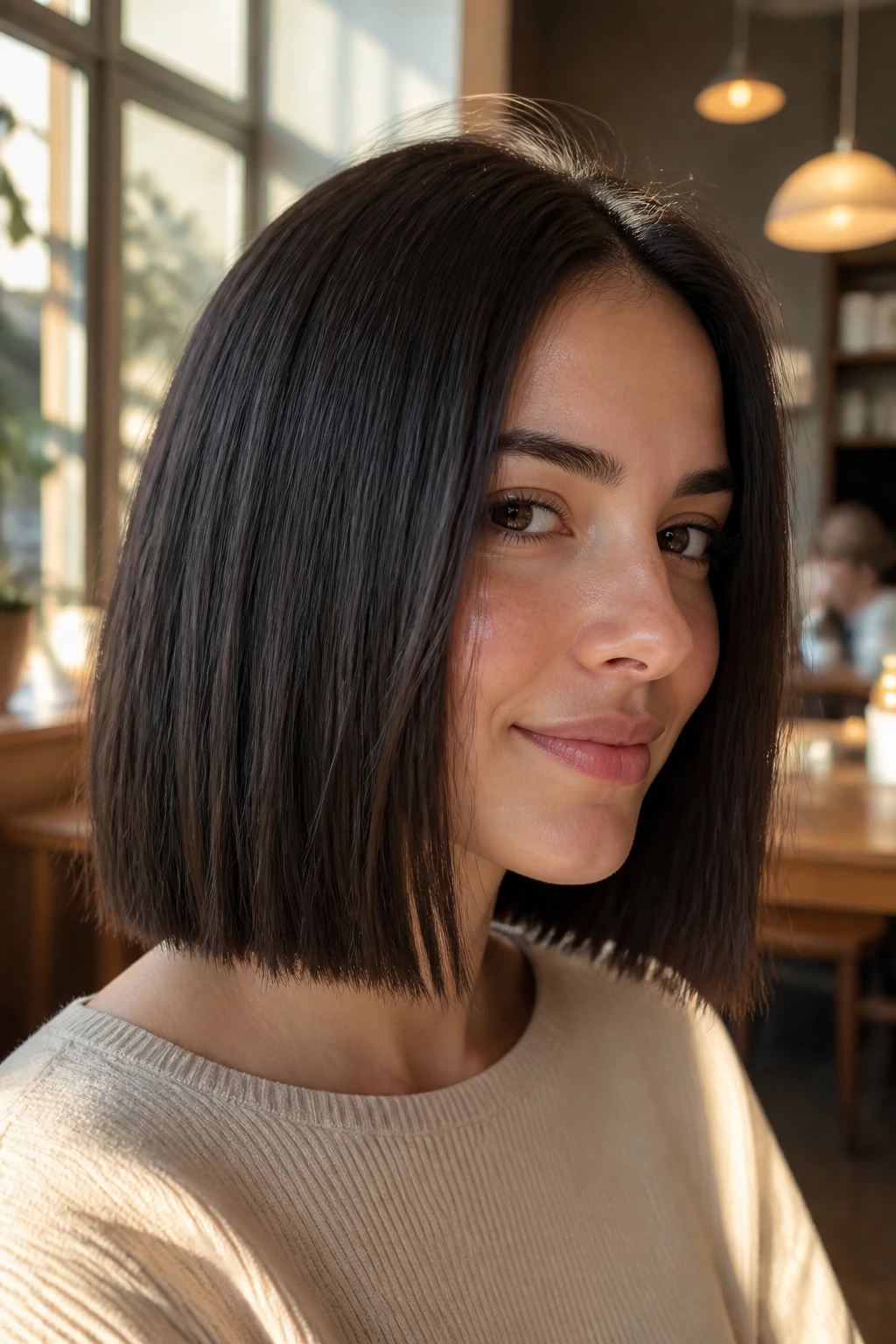 Portrait of woman with polished blunt cut and micro-texture in warm cafe light