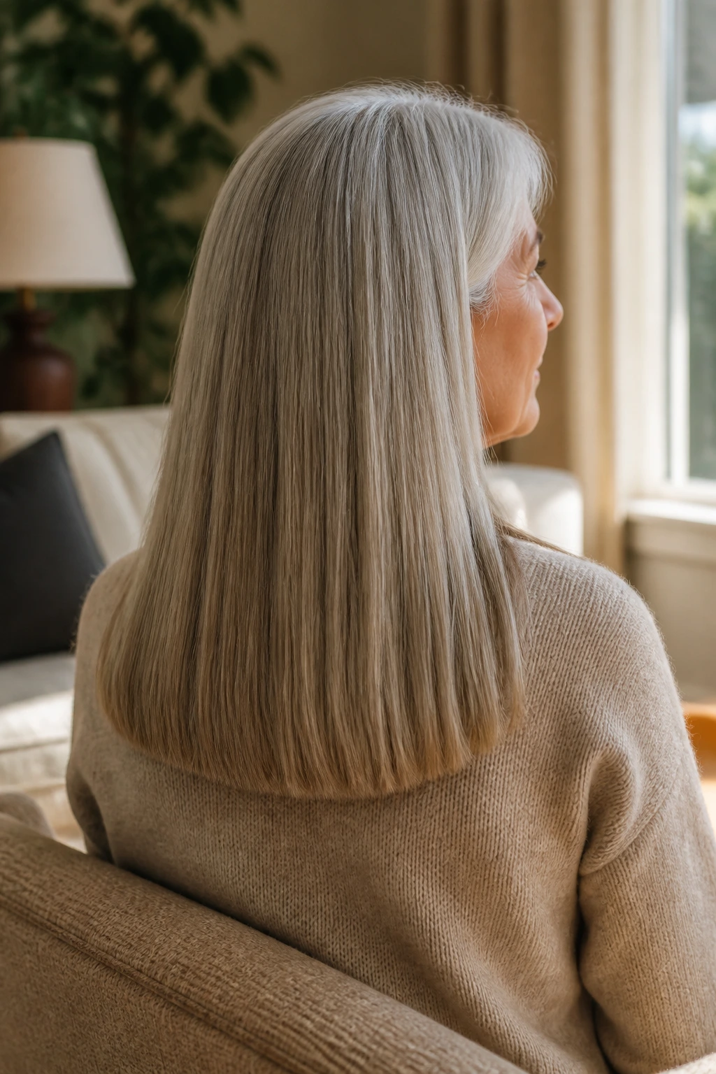 Back view of woman with blunt cut at mid-back