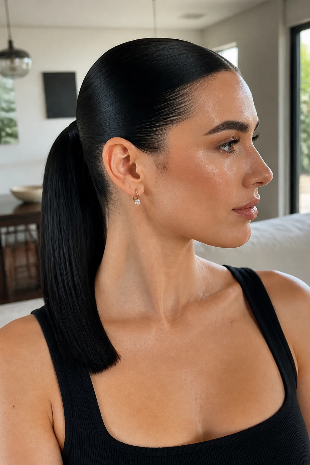 Real woman with blunt-cut hair in a sleek ponytail