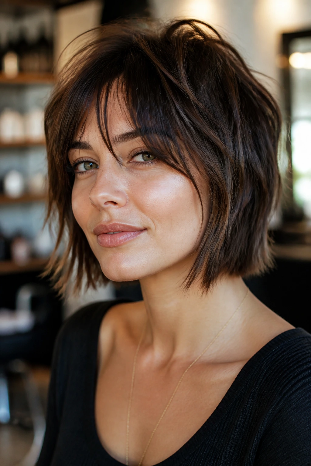 Close-up portrait of a real person with blunt-cut ends and shaggy crown in a bright salon