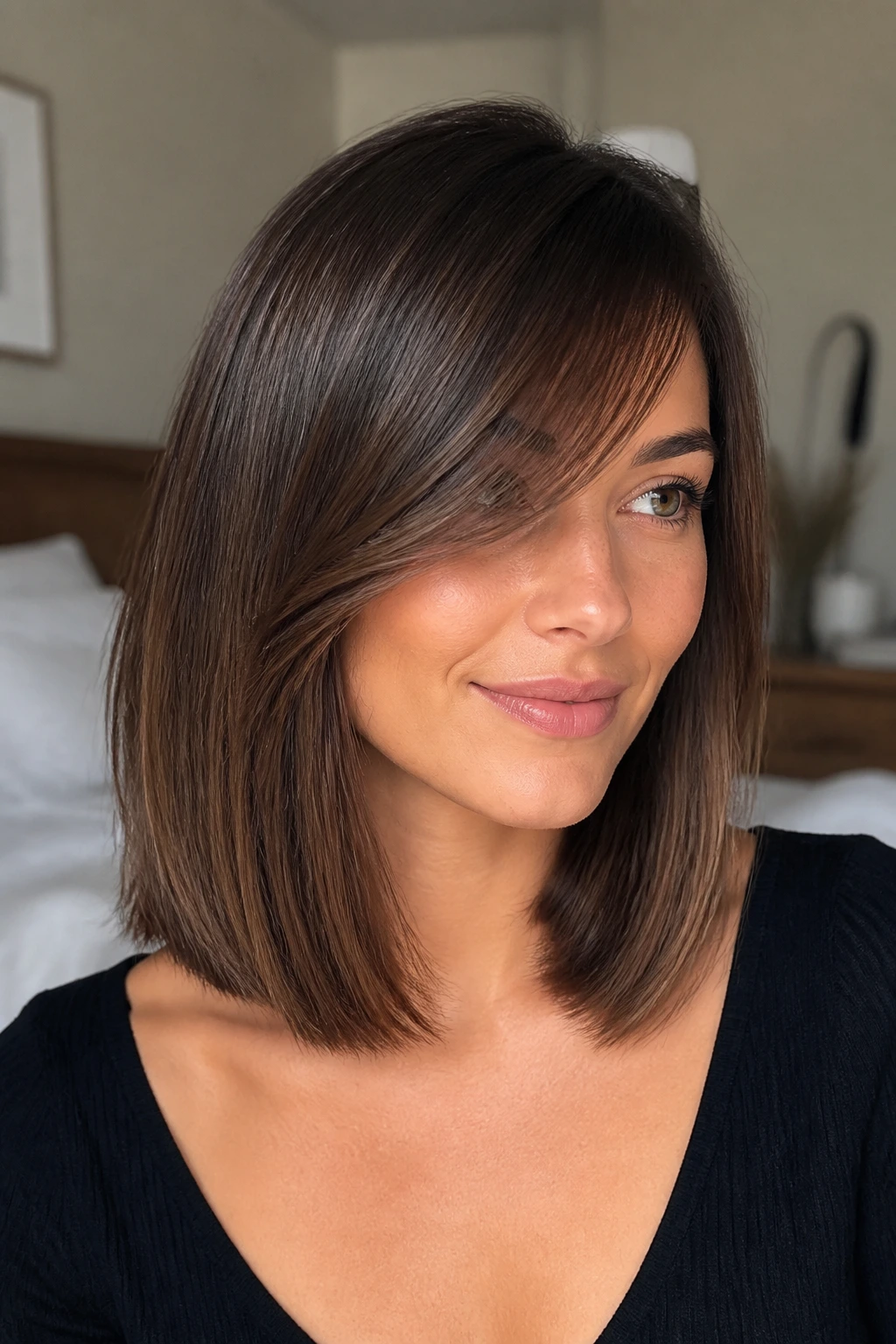 Close-up of a real woman with blunt cut and side-swept bangs in natural window light