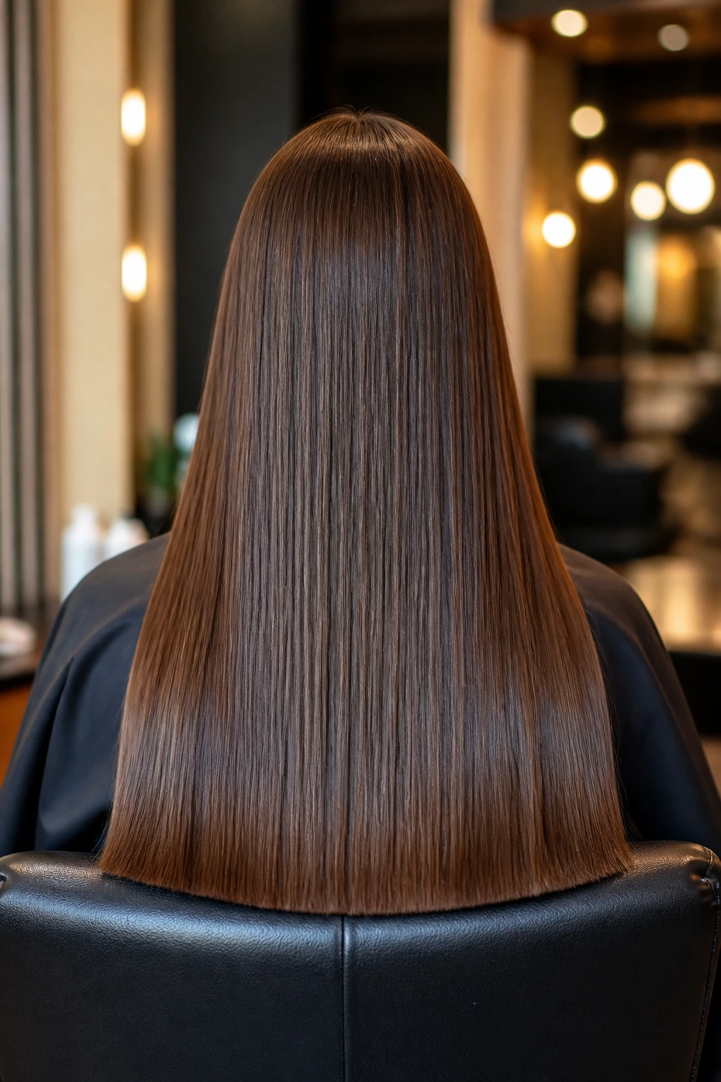 Back of head shot of a real person in a salon chair with a blunt, even perimeter on straight hair