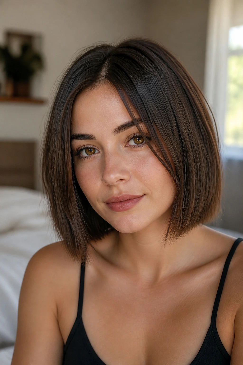 Close-up of a real woman with a blunt cut and micro texture at the ends, edge lifted from cheeks