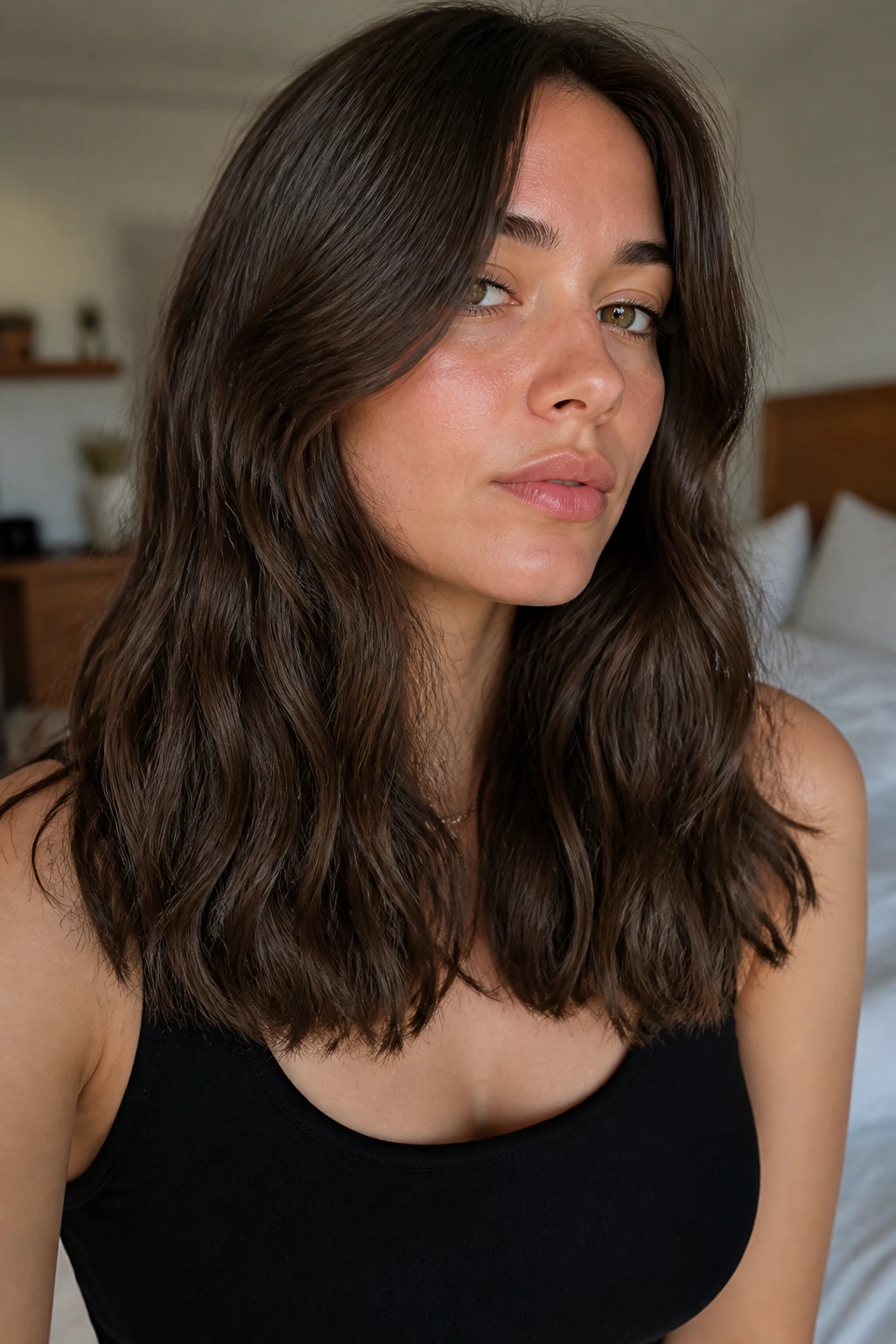 Close-up portrait of a real woman with blunt-cut ends following natural waves