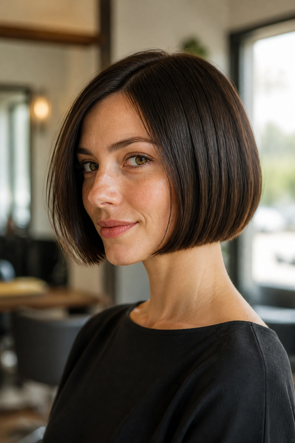 Close-up portrait of a real woman with a blunt-dense short bob in a warm salon.