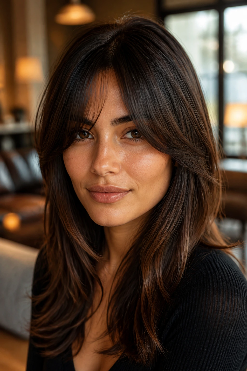 Close-up portrait of a real woman with blunt-edge soft split bangs in warm indoor light.