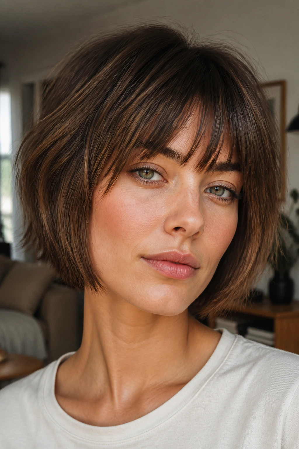 Close-up of a real woman with blunt-edge bob, internal layers, fine hair.