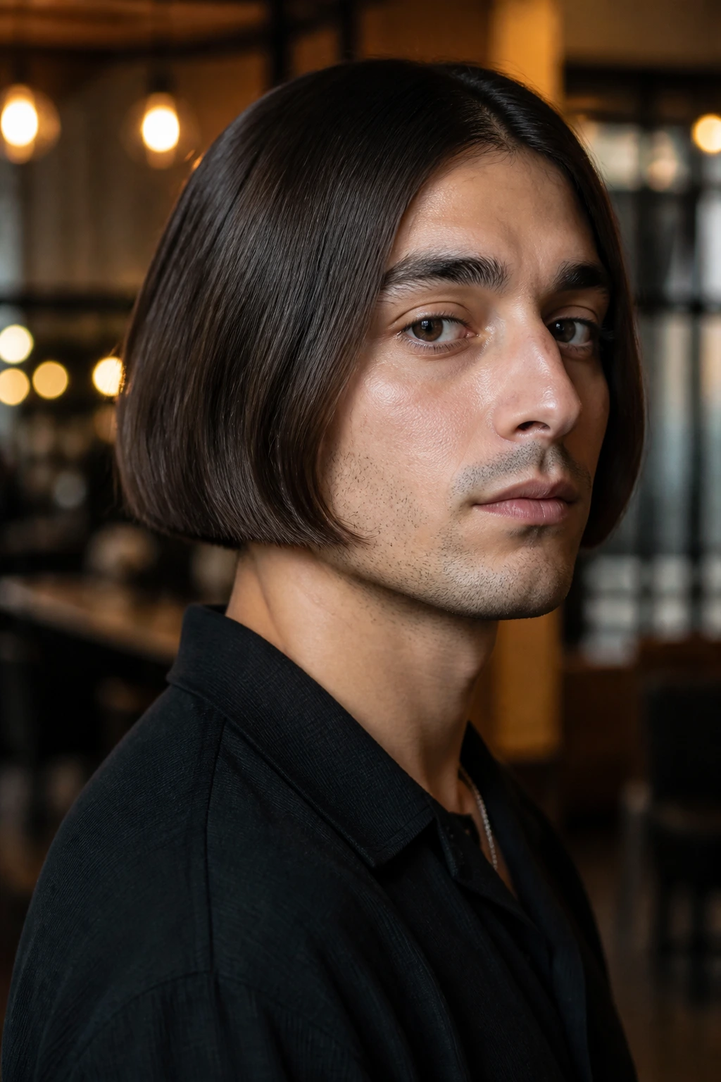 Man with blunt edge bob in an urban interior