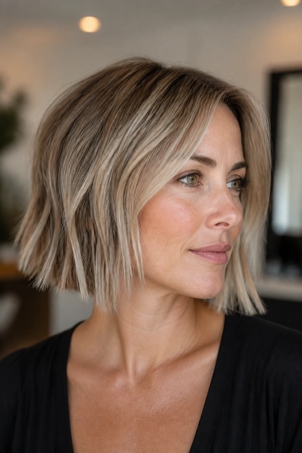 Real woman with blunt-edge choppy bob and pearl highlights in soft interior light