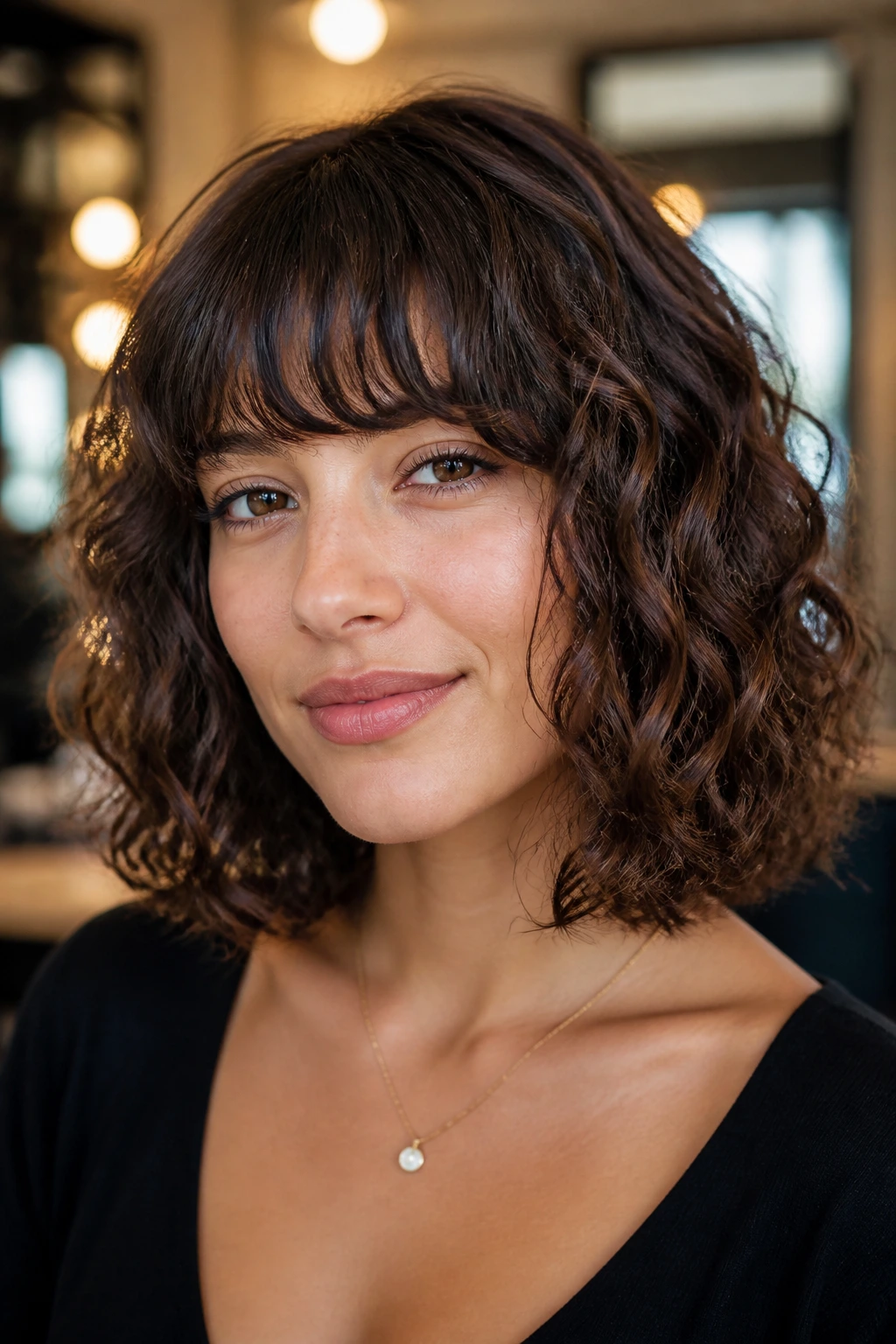 Close-up of a real woman with a blunt-edge curly lob and light fringe in a salon setting