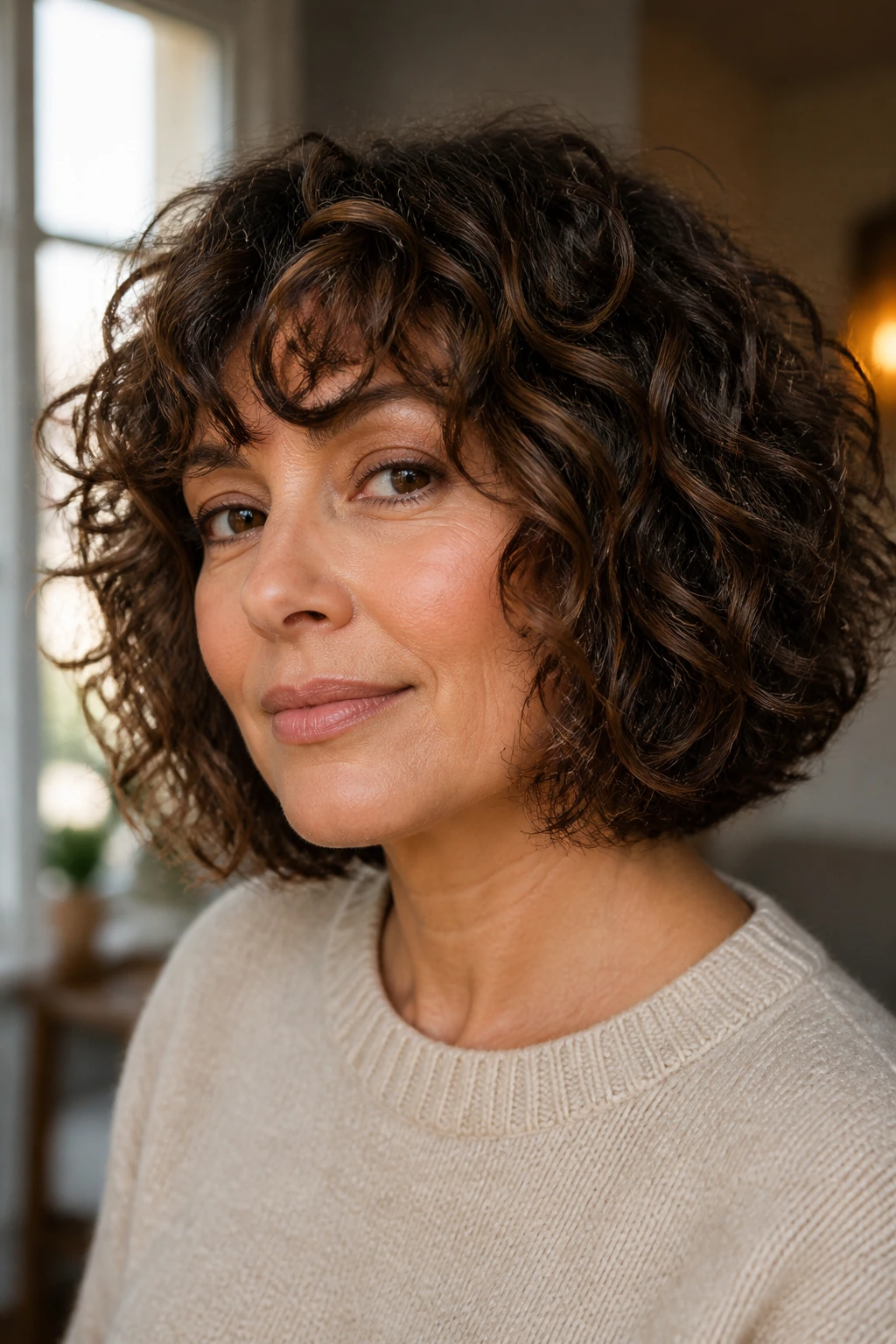 Woman with blunt-edge curly shag bob in warm indoor light