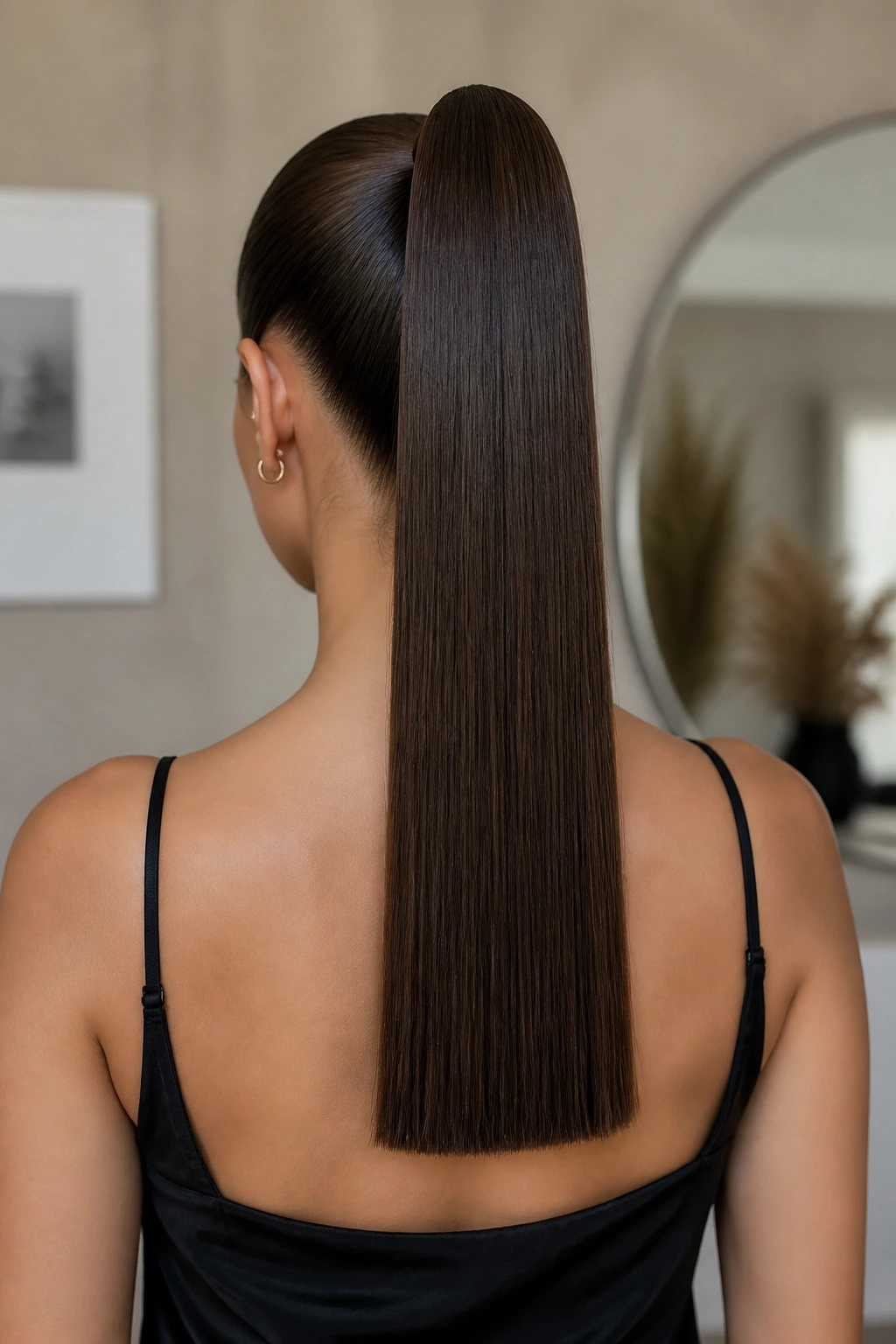 Back view of a real woman with a blunt-edge high ponytail in a modern interior