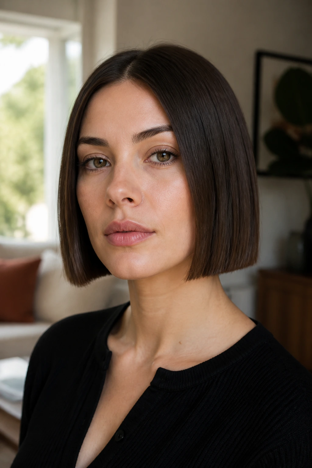 Close-up of a woman showing a blunt edge along the jawline with center-parted hair.