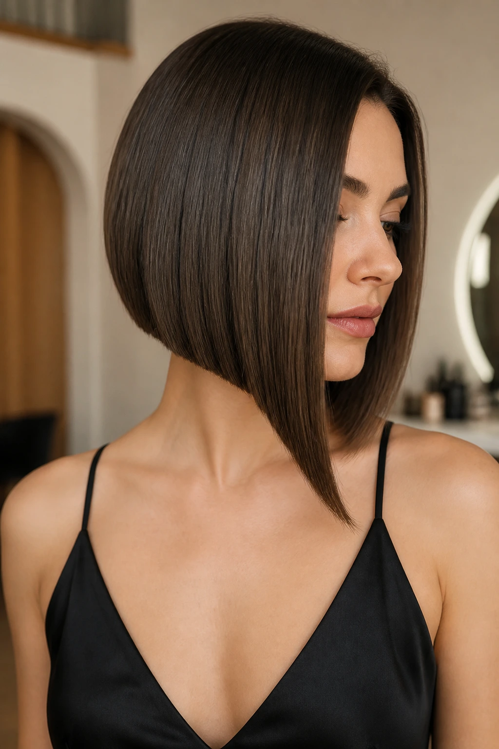 Portrait of a real person with a blunt edge and long sweeping asymmetrical bob in a salon.