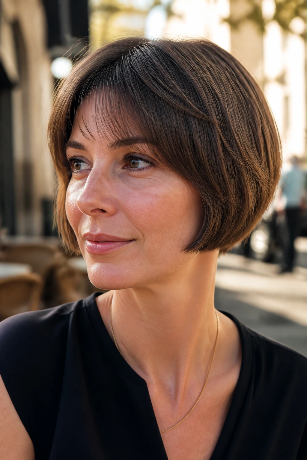 Close-up of a real woman with a blunt-edge pixie bob in cafe light.