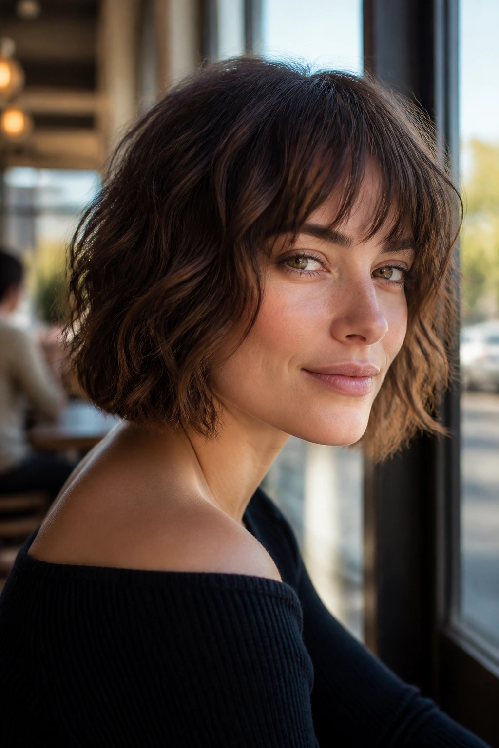 Close-up portrait of a real woman with a blunt-edge shag bob and wavy hair in natural café light.