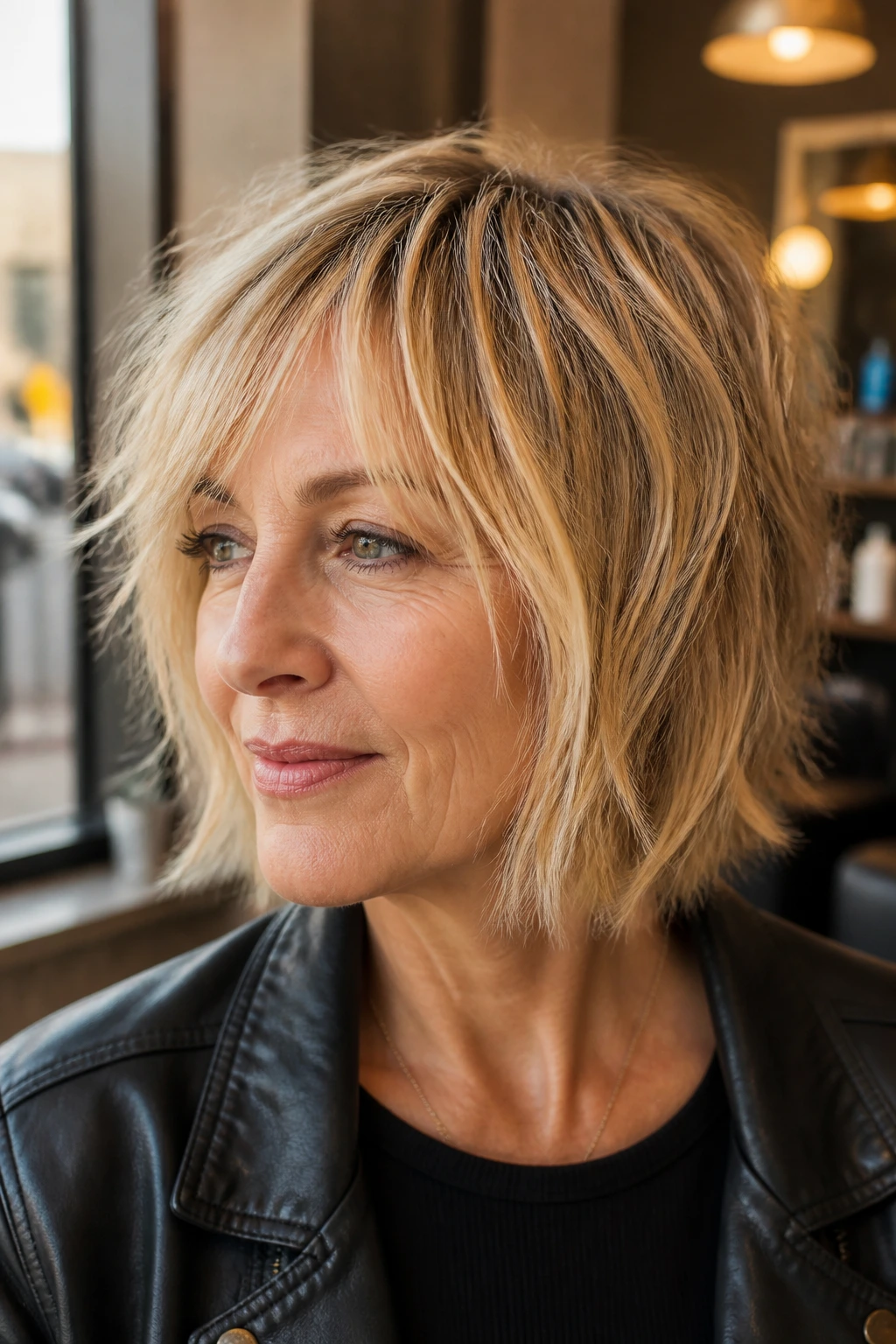 Close-up of a real woman with a blunt-edge shag bob and broken ends in warm salon light.