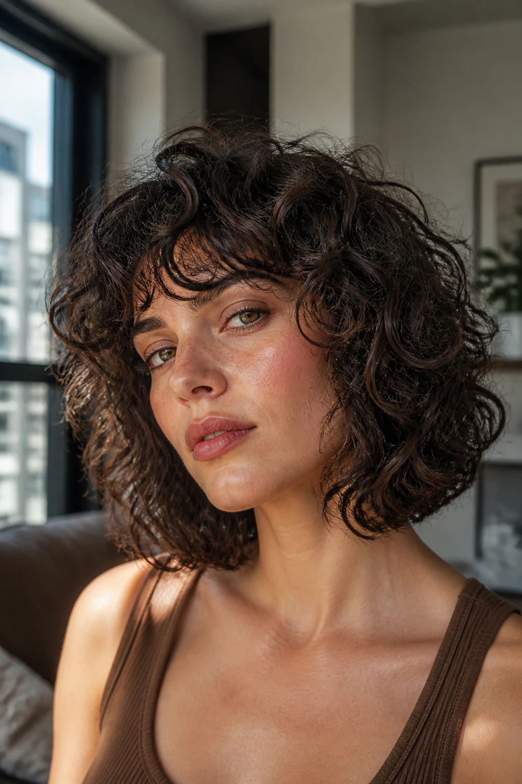 Close-up portrait of a real woman with blunt-edge shag adding density