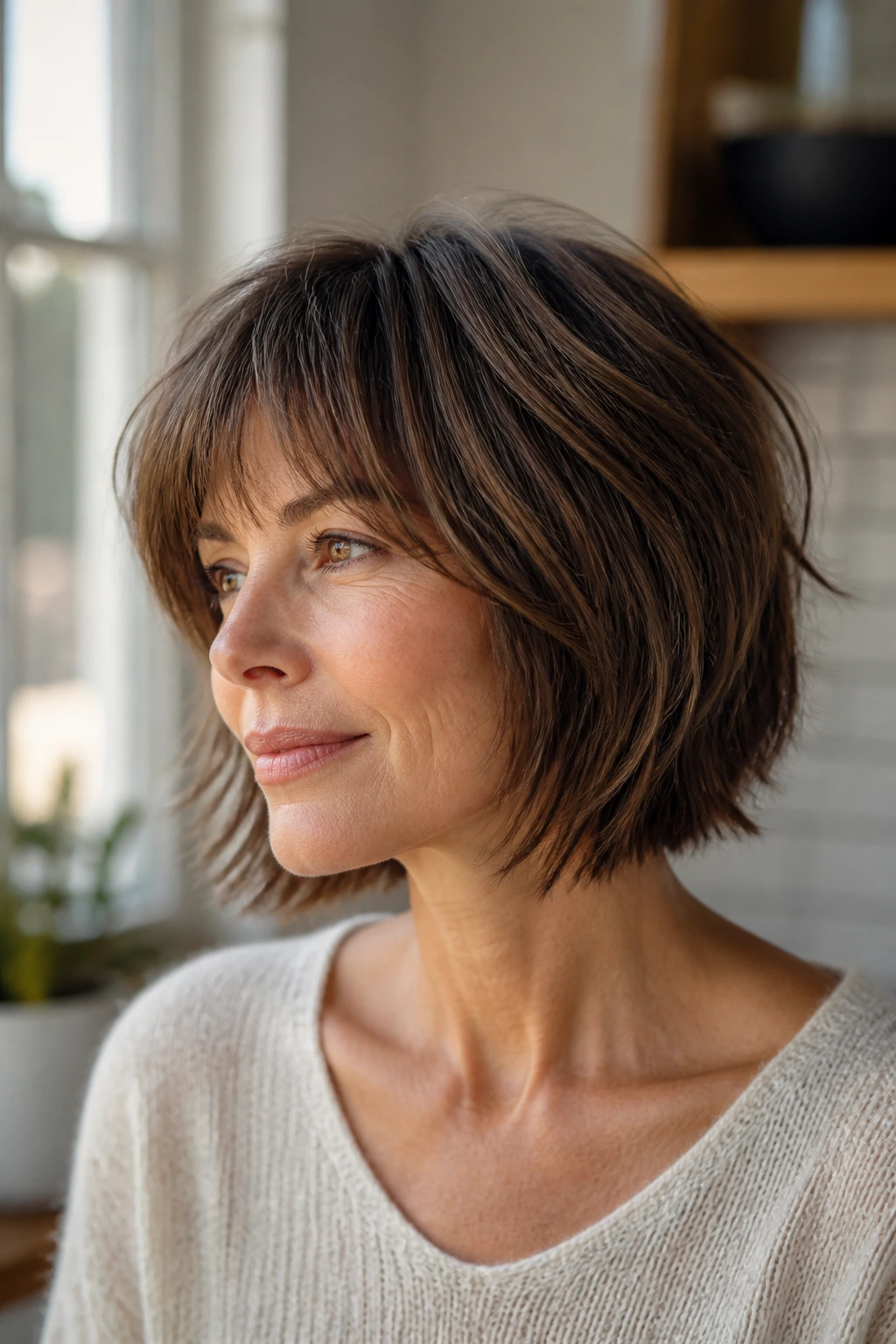 Portrait of a woman with blunt-edge shag and soft ends.