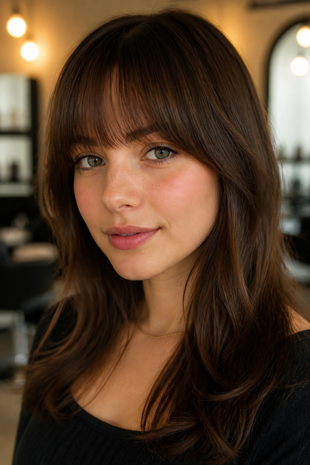 Close-up of a real person wearing blunt-edge soft bangs