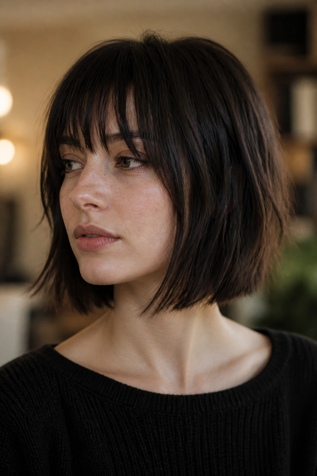 Close-up of blunt-edge wolf bob on straight hair.
