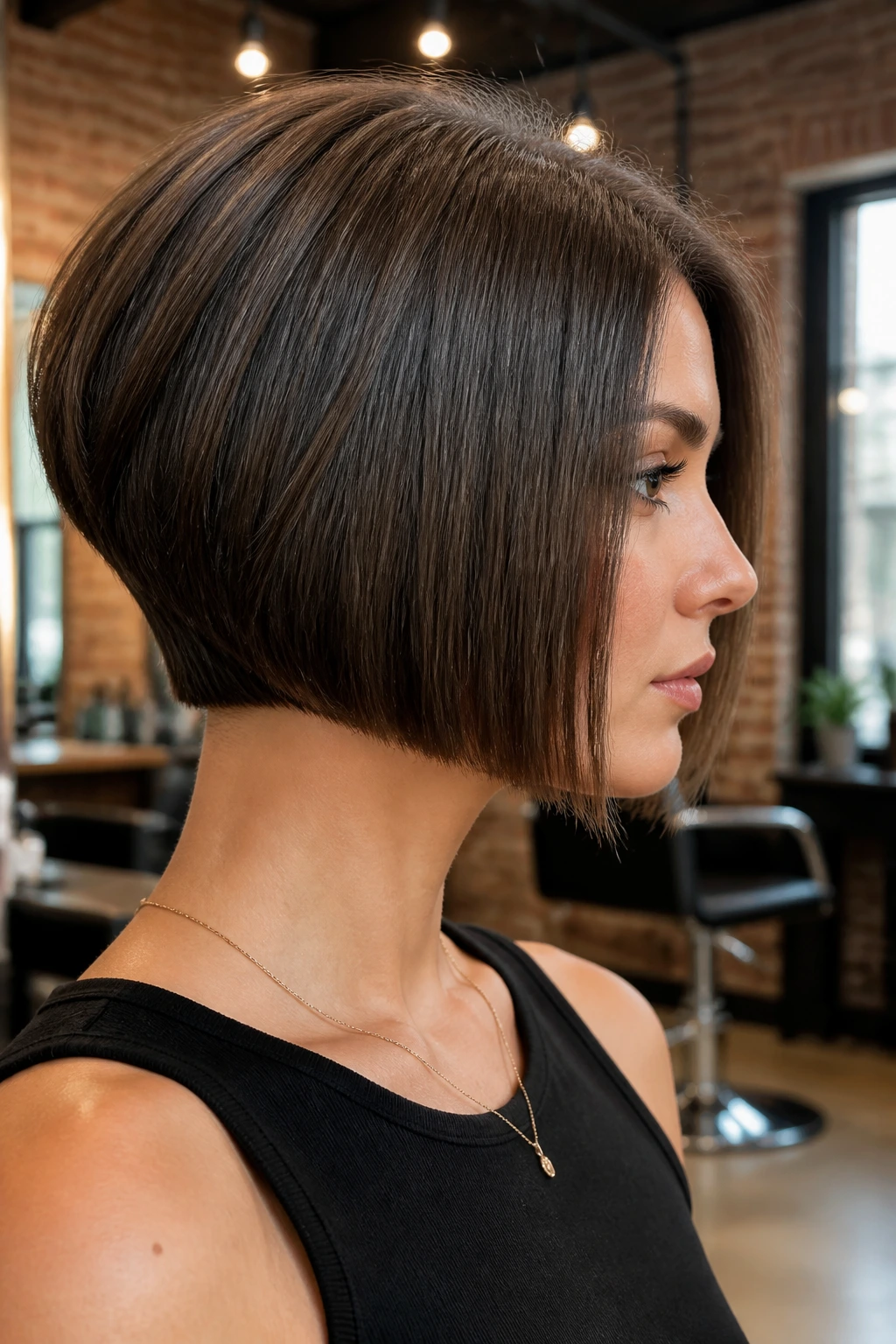 Real woman with blunt-edged stacked bob in chic salon lighting
