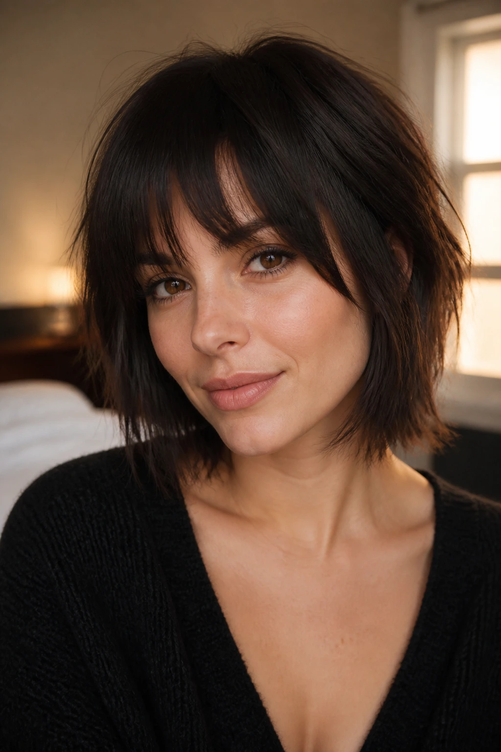 Close-up of a real woman with blunt-end shag and soft crown bangs in warm window light